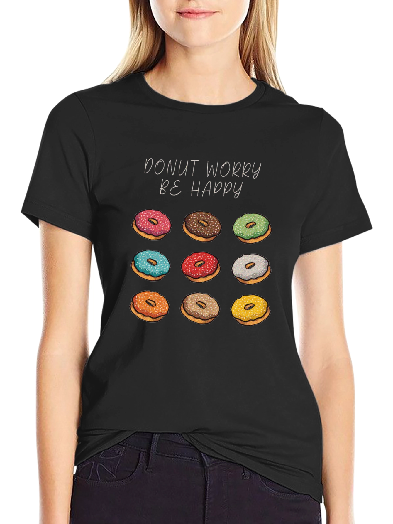 Black Donut Worry Be Happy Black Graphic Tee view 2