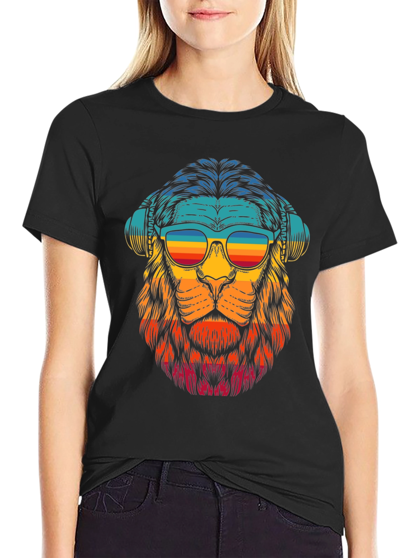 Black Retro Lion Graphic Tee - Black Cotton Blend view 2