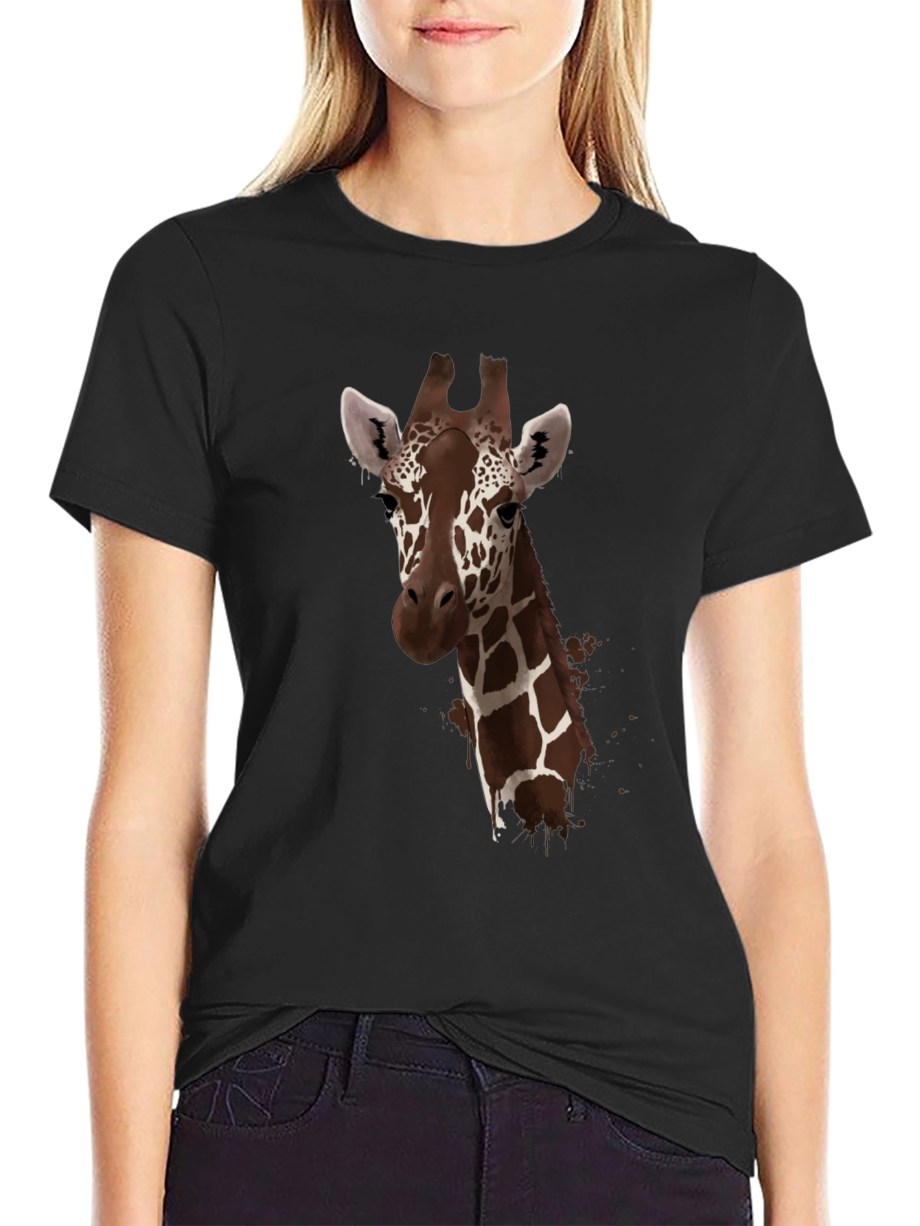 Black Giraffe Print Black T-Shirt - Stylish Animal Design view 2