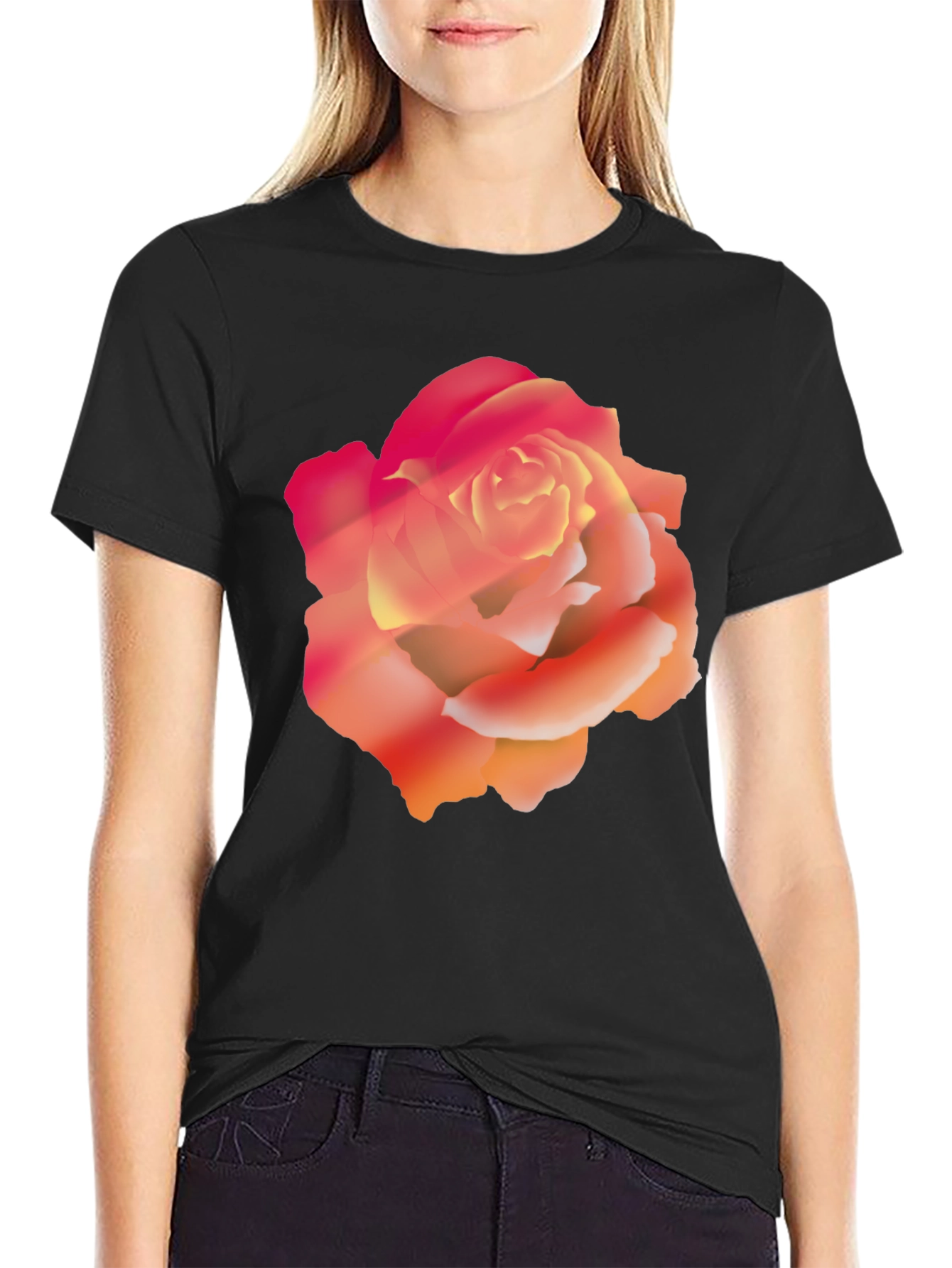 Black Bold Rose Graphic Black T-Shirt view 2