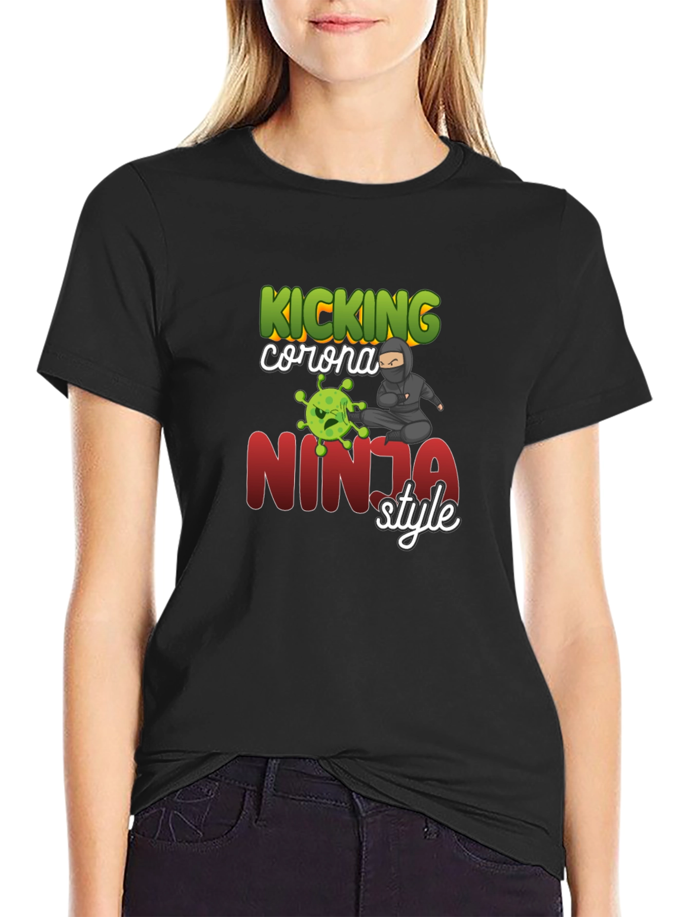 Black Kicking Corona Ninja Style T-Shirt view 2