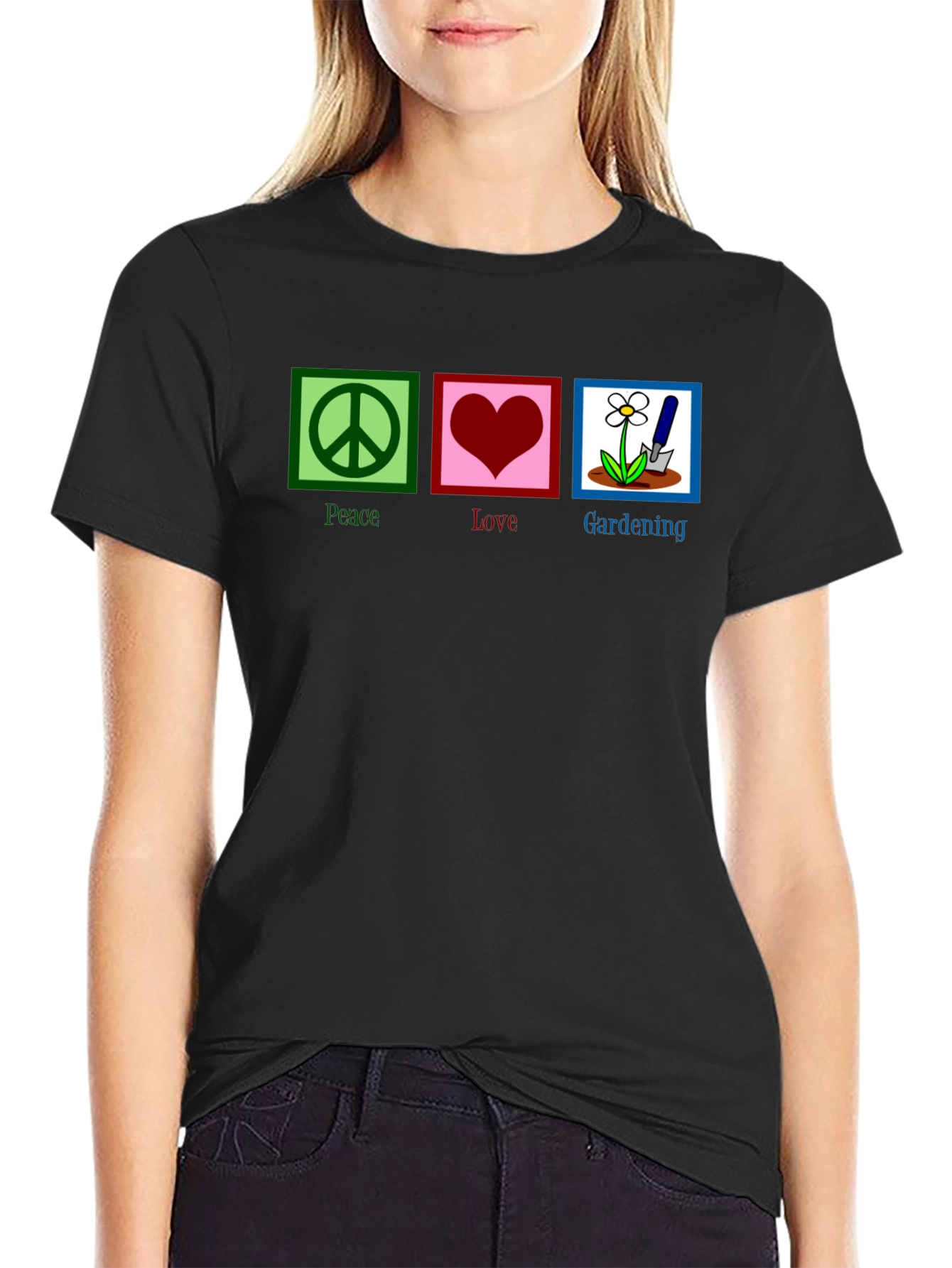 Black Peace, Love, Gardening Graphic T-Shirt view 2