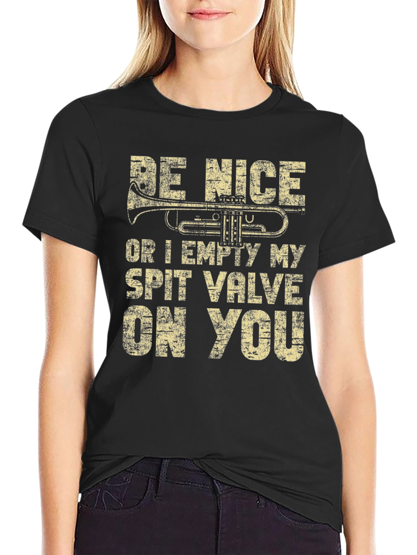 Black Funny Musician T-Shirt - Be Nice or Spit Valve! view 2