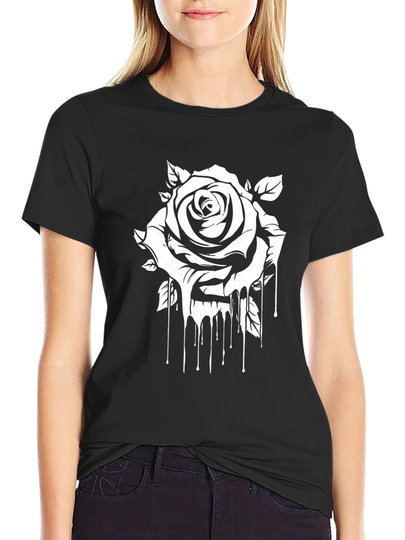 Black Black Tee with Dripping Rose Graphic view 2