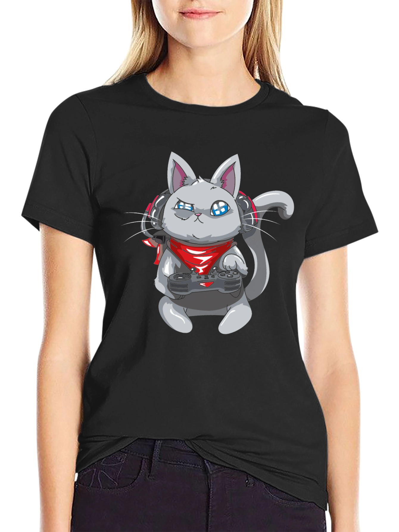 Black Gamer Cat Black T-Shirt - Gaming Cartoon Tee view 2
