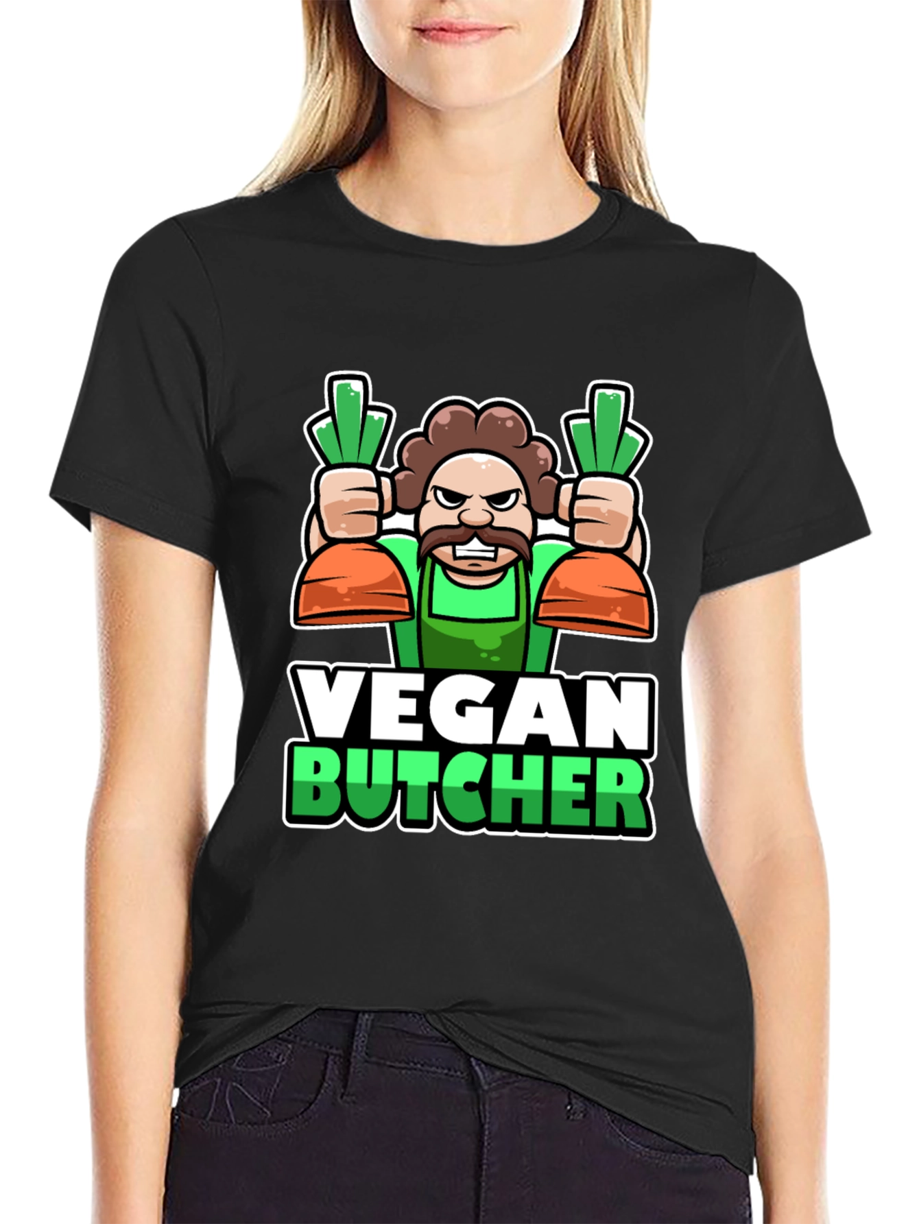 Black Vegan Butcher T-Shirt: Cartoon Carrot Design view 2