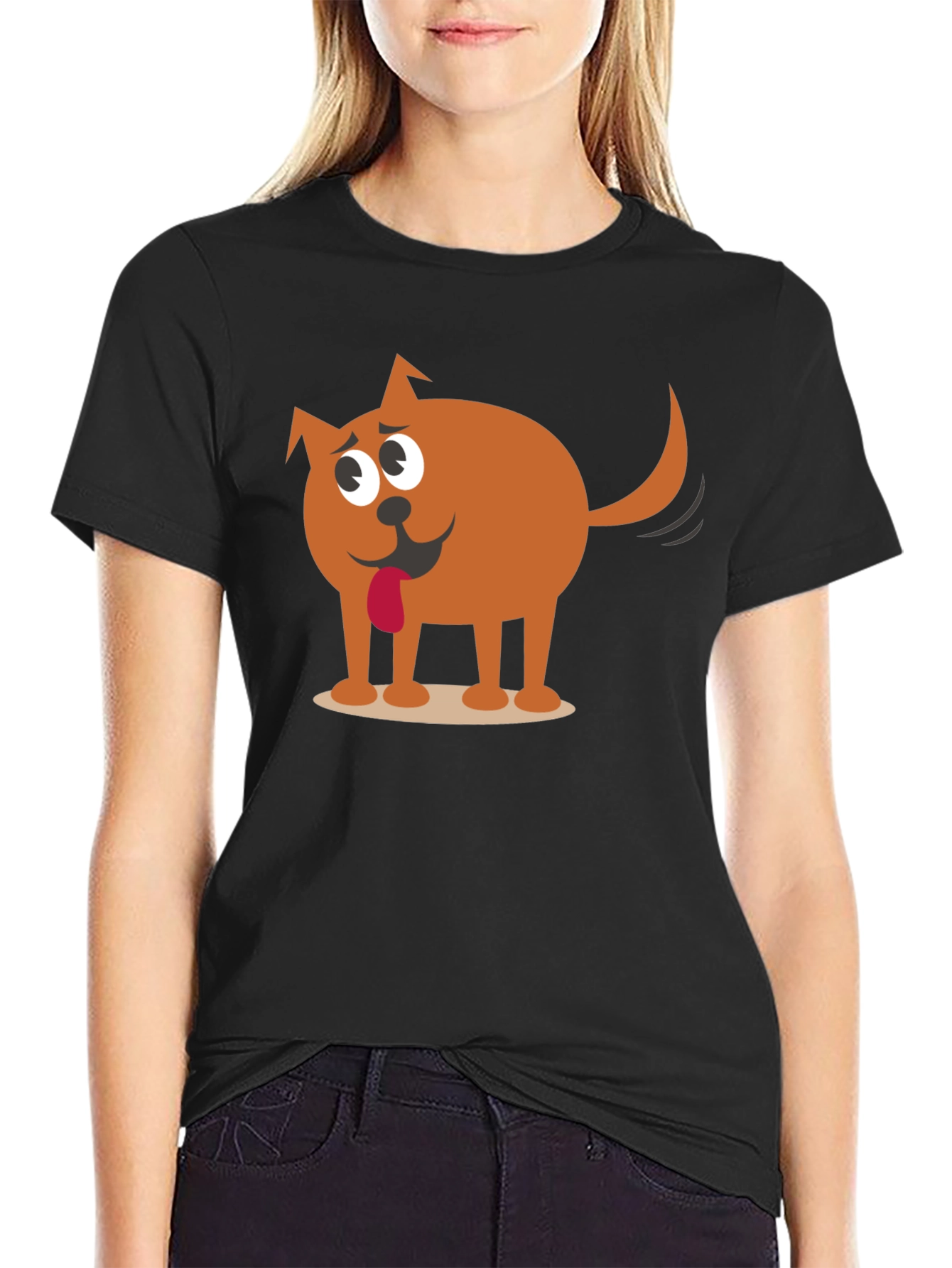 Black Funny Cartoon Dog Graphic Black T-Shirt view 2