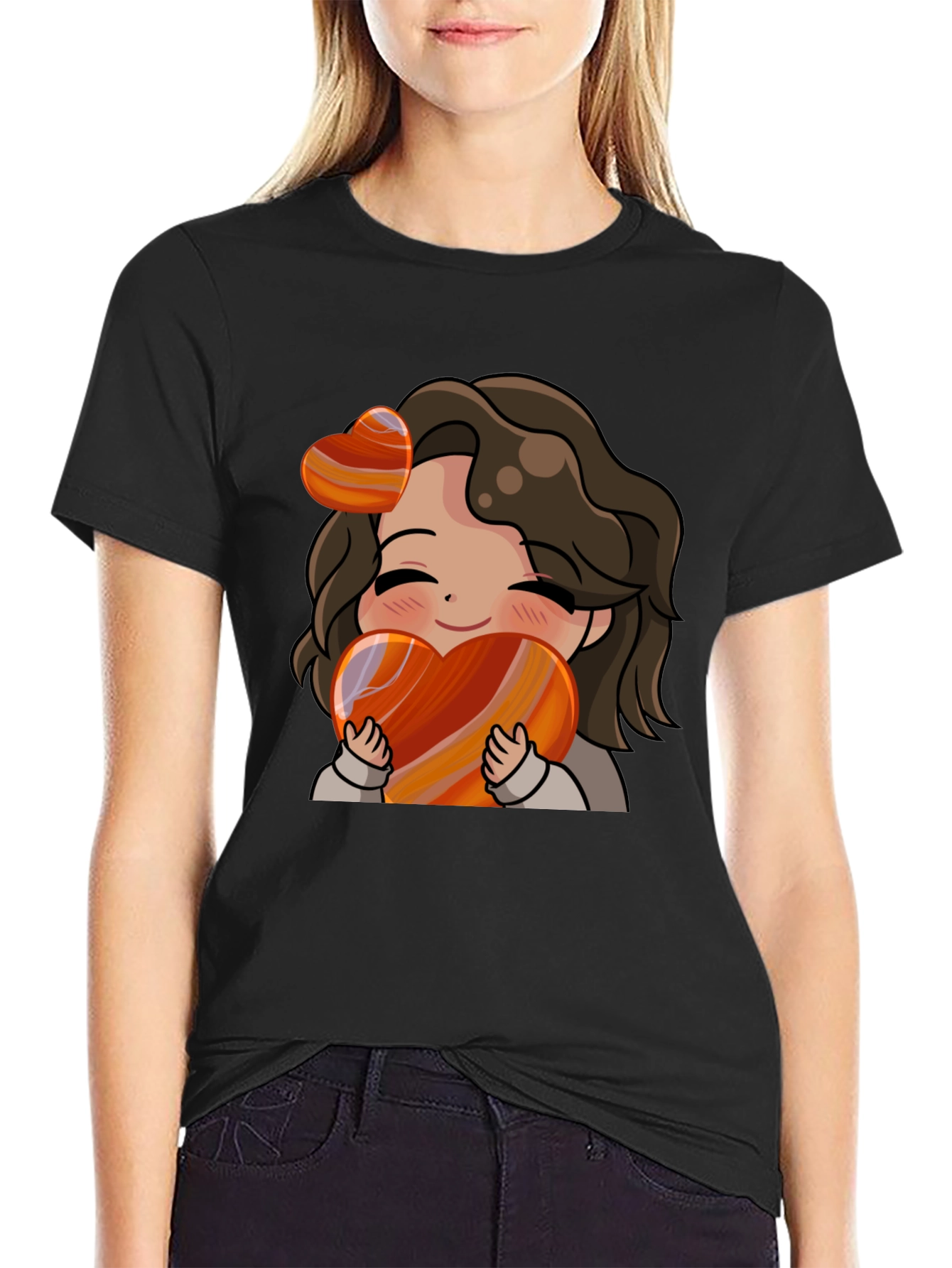 Black Cute Cartoon Girl Heart T-Shirt view 2