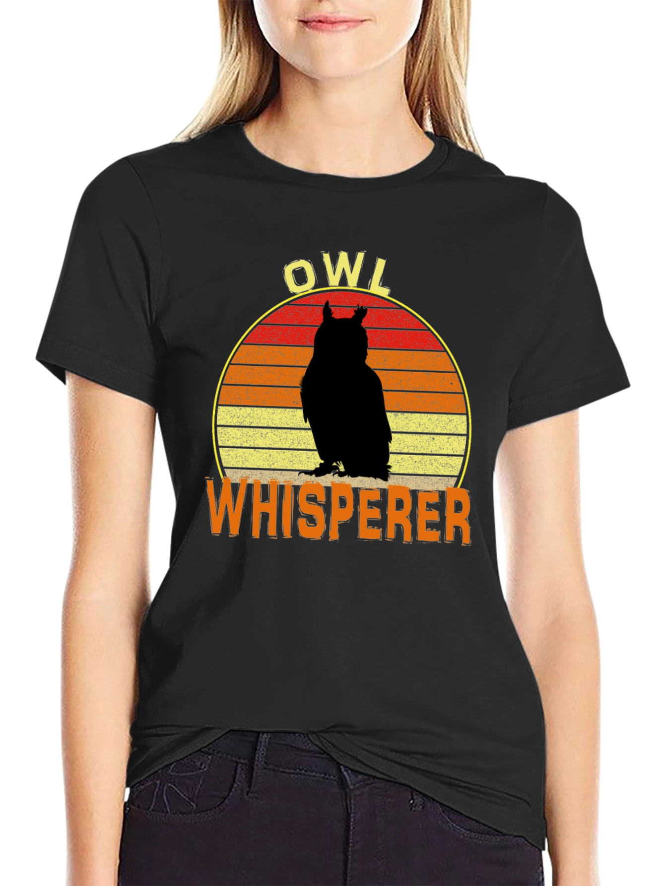 Black Owl Whisperer Retro Graphic T-Shirt view 2