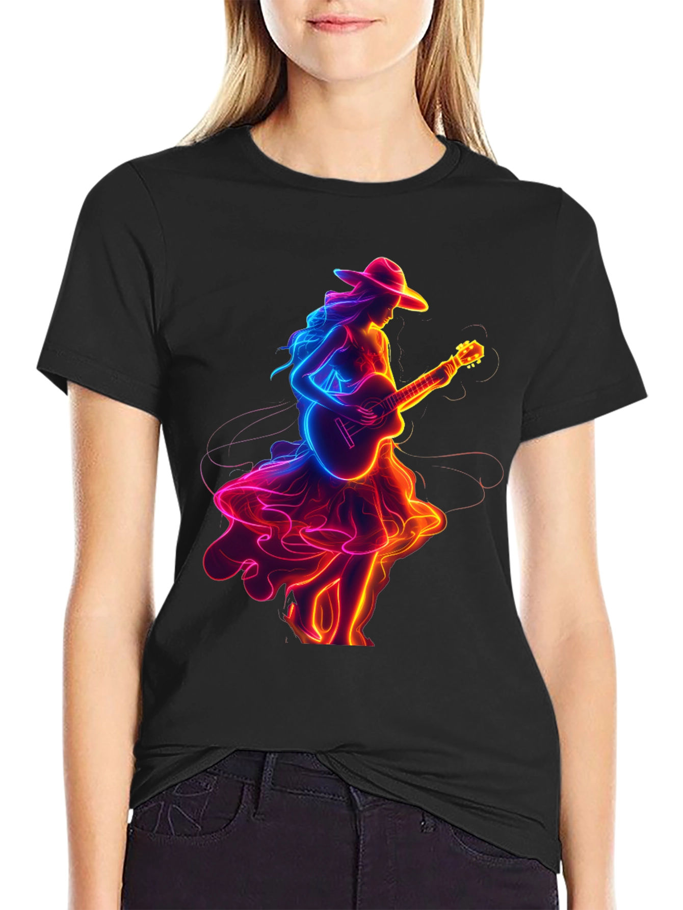 Black Neon Guitar Girl Graphic Tee view 2