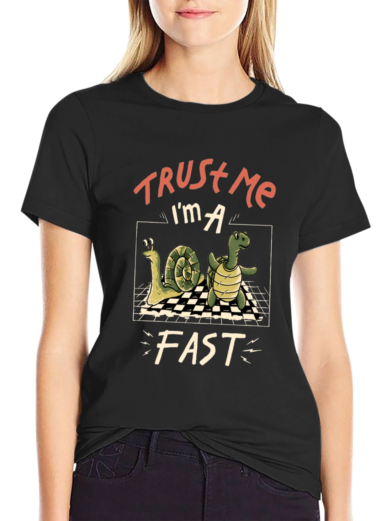 Black Funny Snail and Turtle Trust Me I'm A Fast T-Shirt view 2