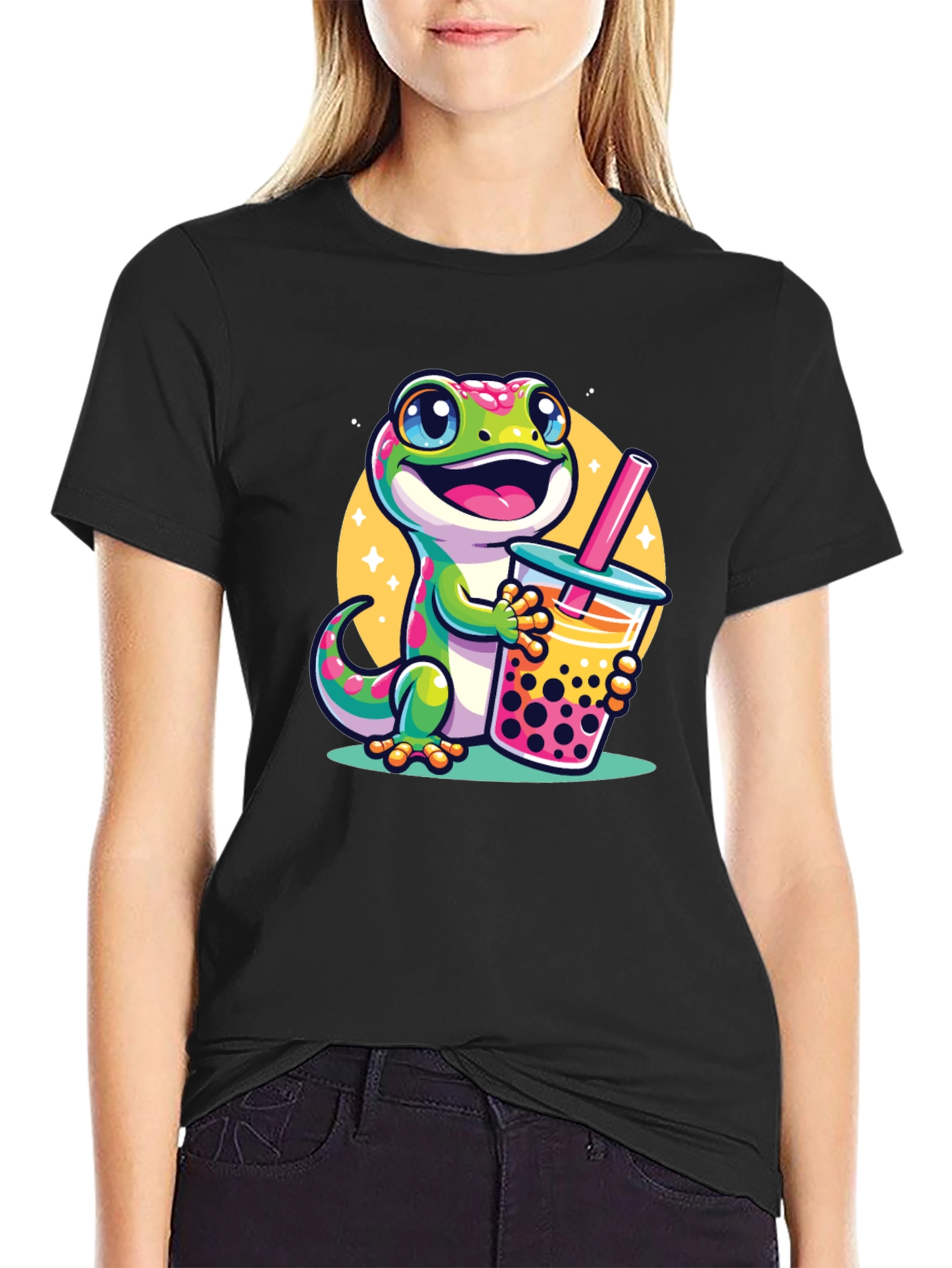 Black Cute Gecko Boba Tea Graphic T-Shirt view 2