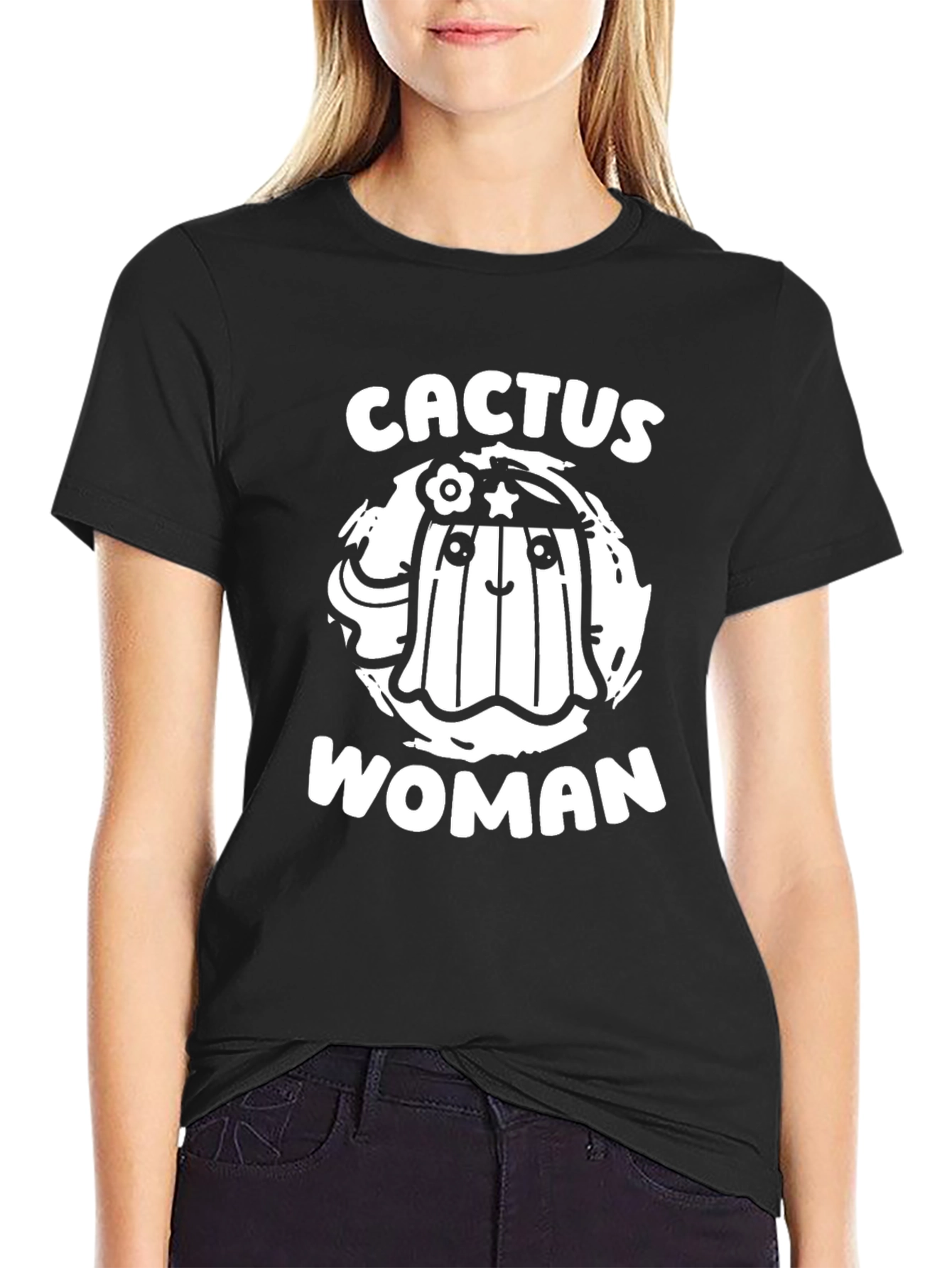 Black Cactus Woman Graphic Tee - Fun Novelty T-Shirt view 2