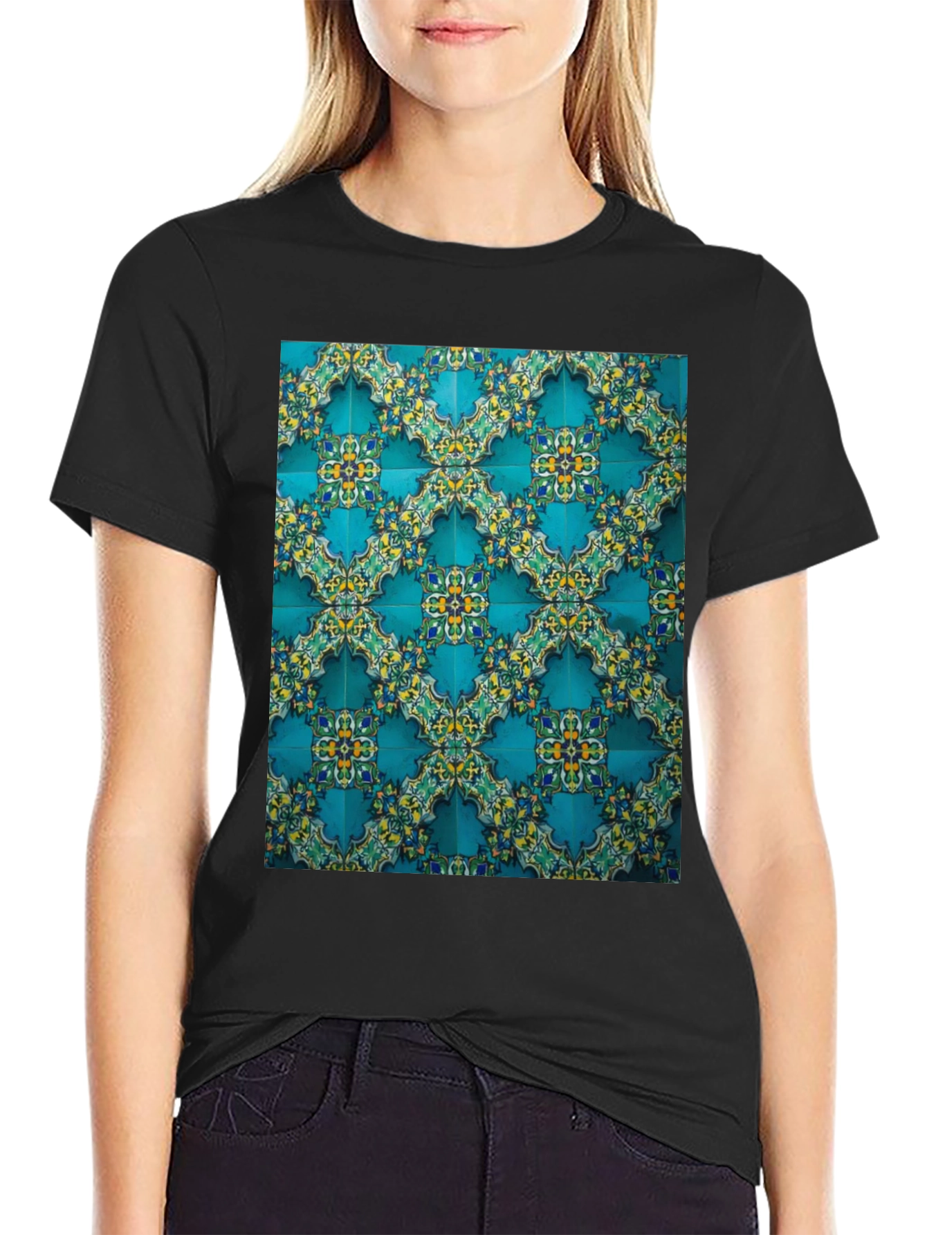 Black Patterned Tile Print Crew Neck Tee view 2