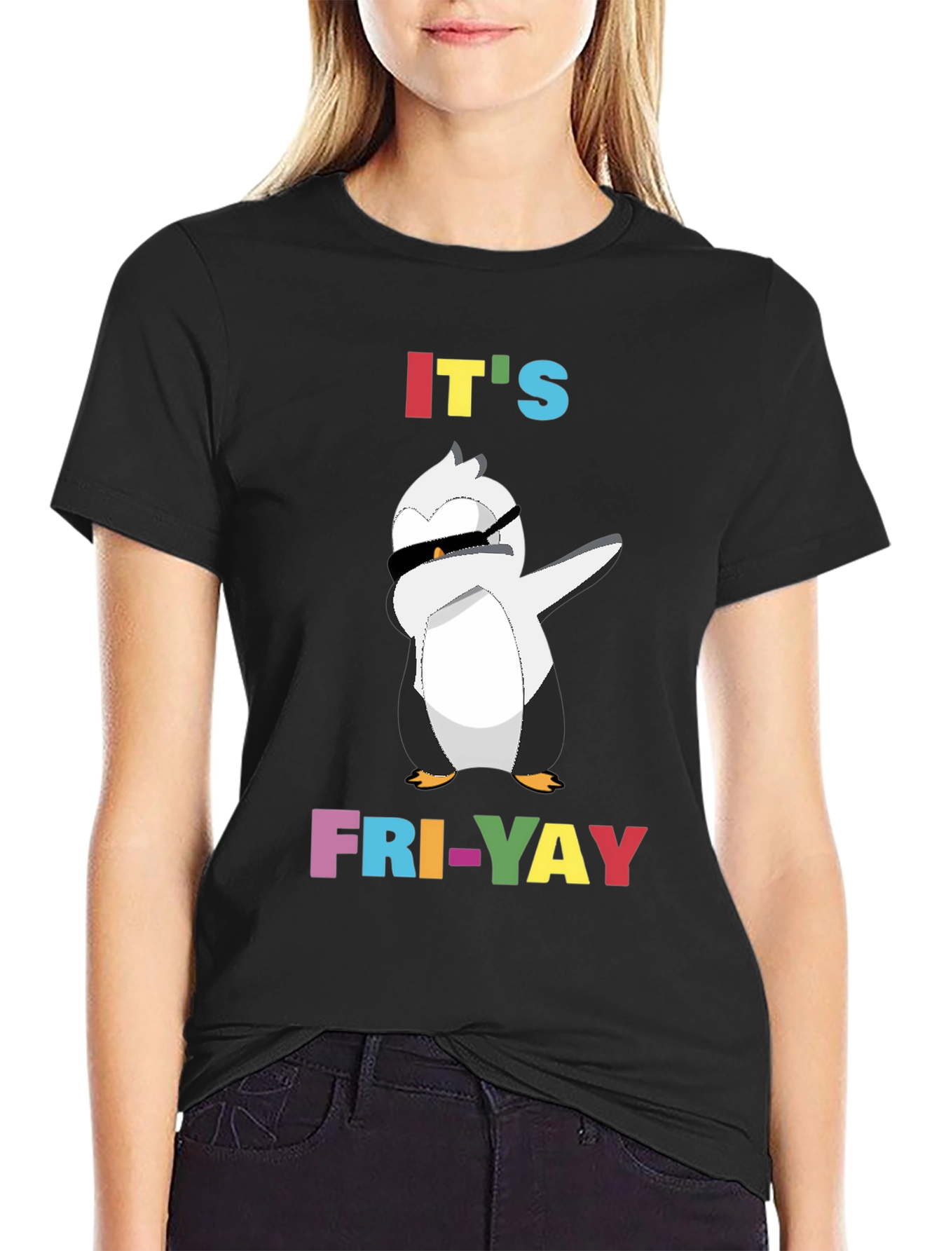 Black It's Fri-Yay Penguin Dabbing T-Shirt view 2
