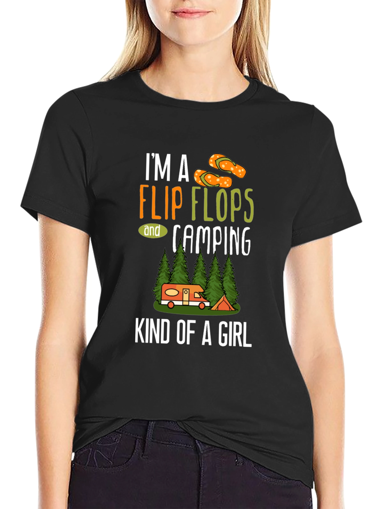 Black I'm a Flip Flops & Camping Kind of a Girl T-Shirt view 2