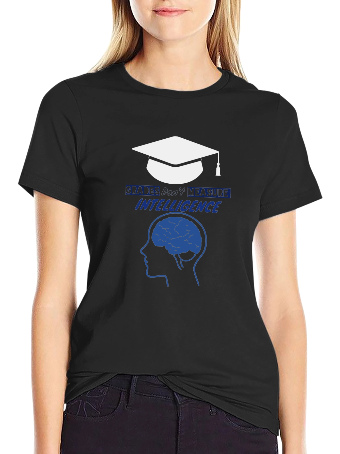 Black Intelligence T-Shirt - Graduation Cap & Brain Design view 2