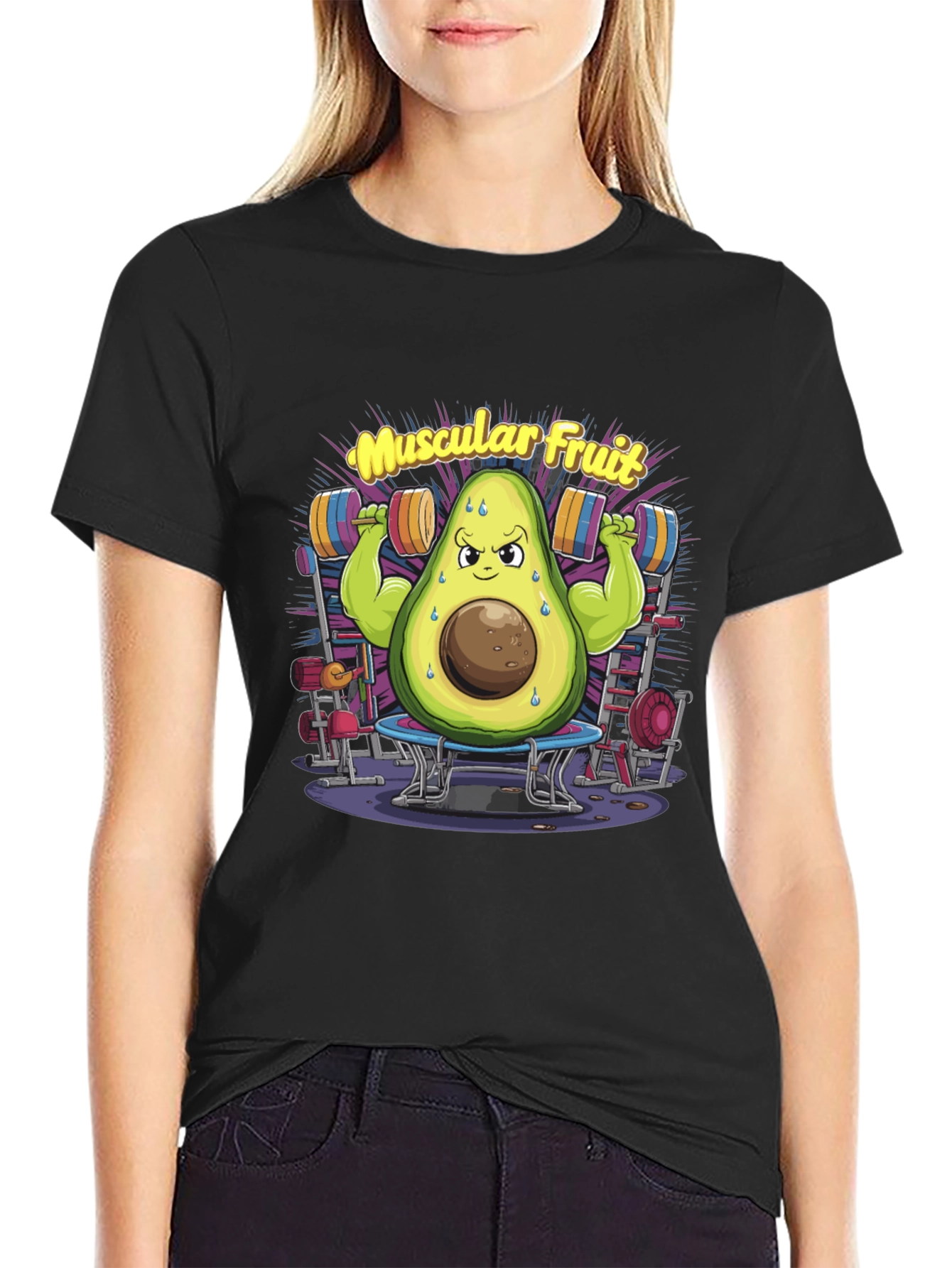 Black Muscular Fruit Avocado Black T-Shirt view 2