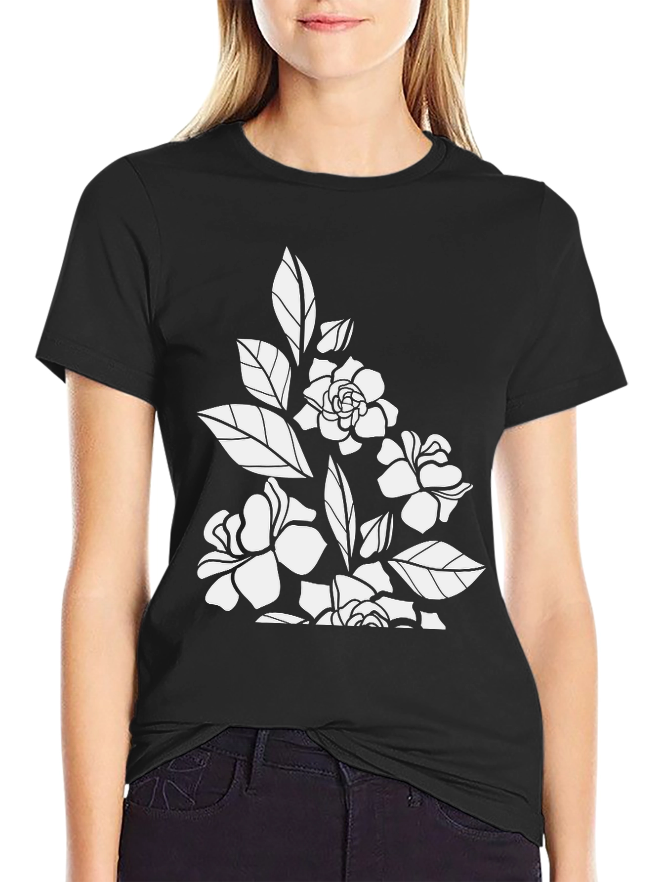 Black Floral Graphic T-Shirt - Black Cotton Tee view 2