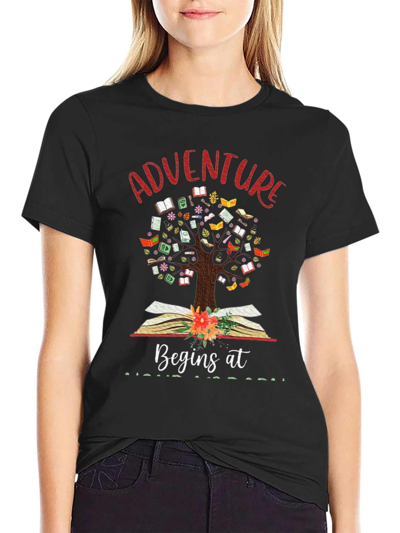 Black Adventure Begins at Books T-Shirt view 2
