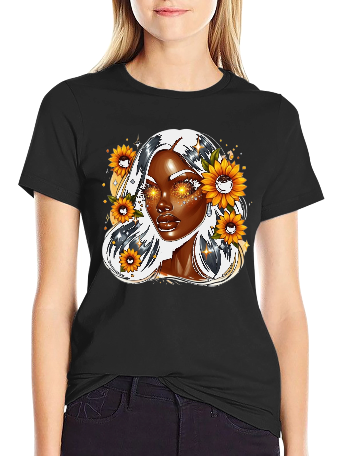Black Sunflower Goddess Graphic Tee - Black view 2