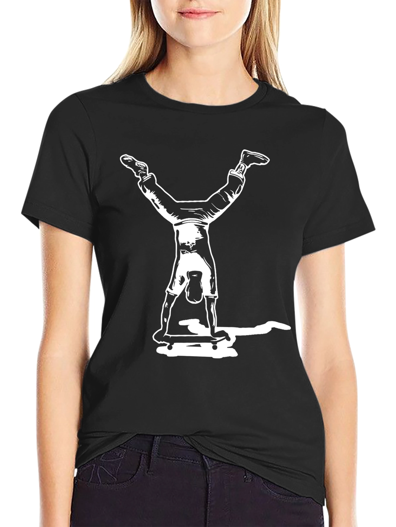 Black Skateboard Handstand Graphic Tee - Black Cotton Casual T-Shirt view 2
