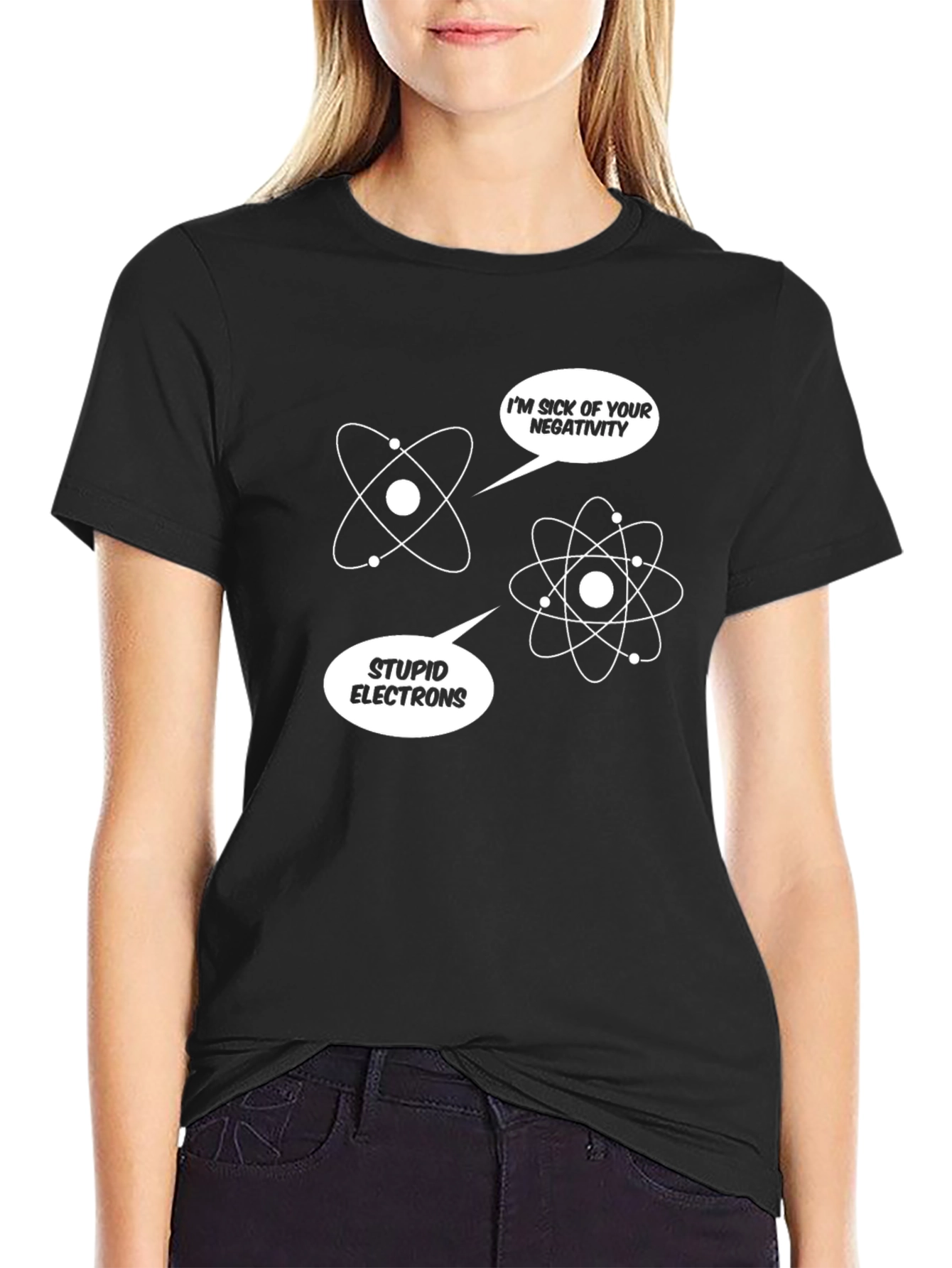 Black Funny Science T-Shirt - Atom Negativity Humor view 2