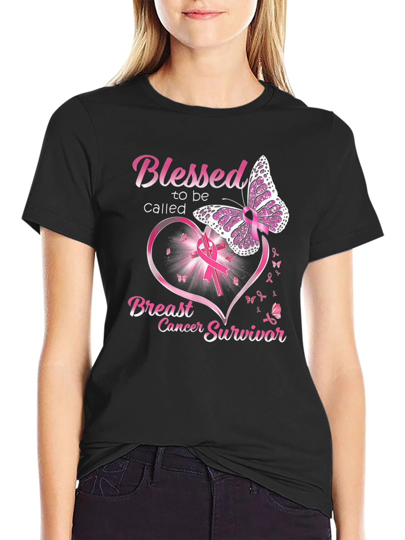Black Breast Cancer Survivor Butterfly T-Shirt view 2