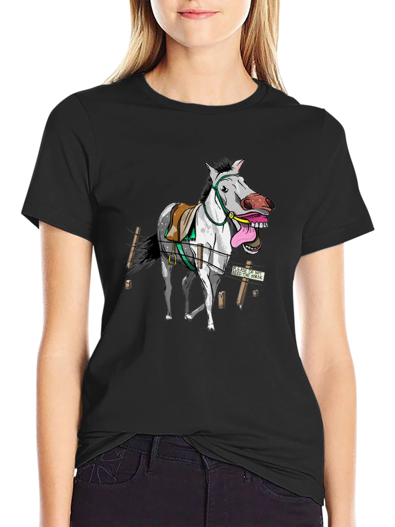 Black Funny Horse Graphic Tee - Black Cotton T-Shirt view 2