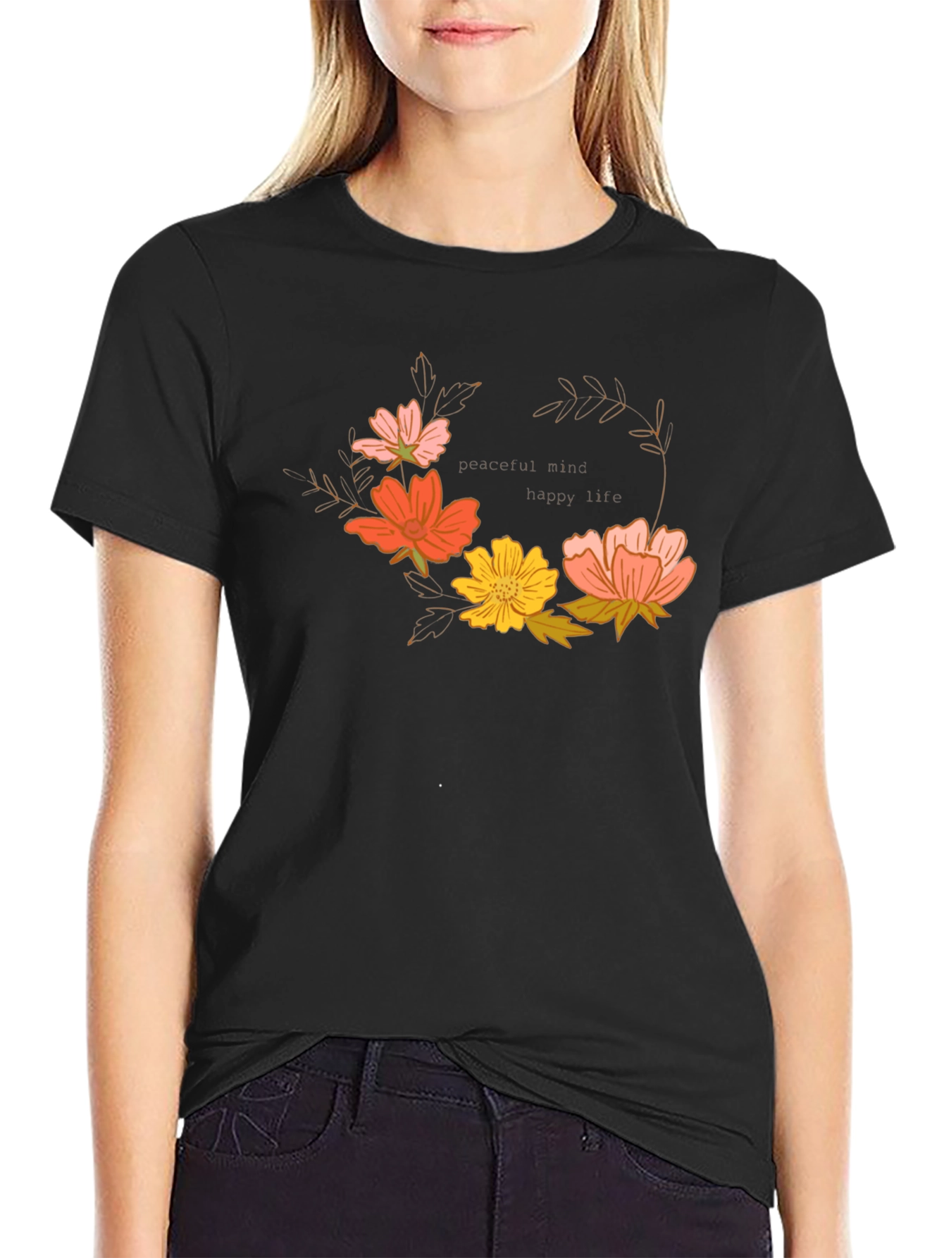 Floral Wreath Graphic T-Shirt - Peaceful Mind, Happy Life - 2