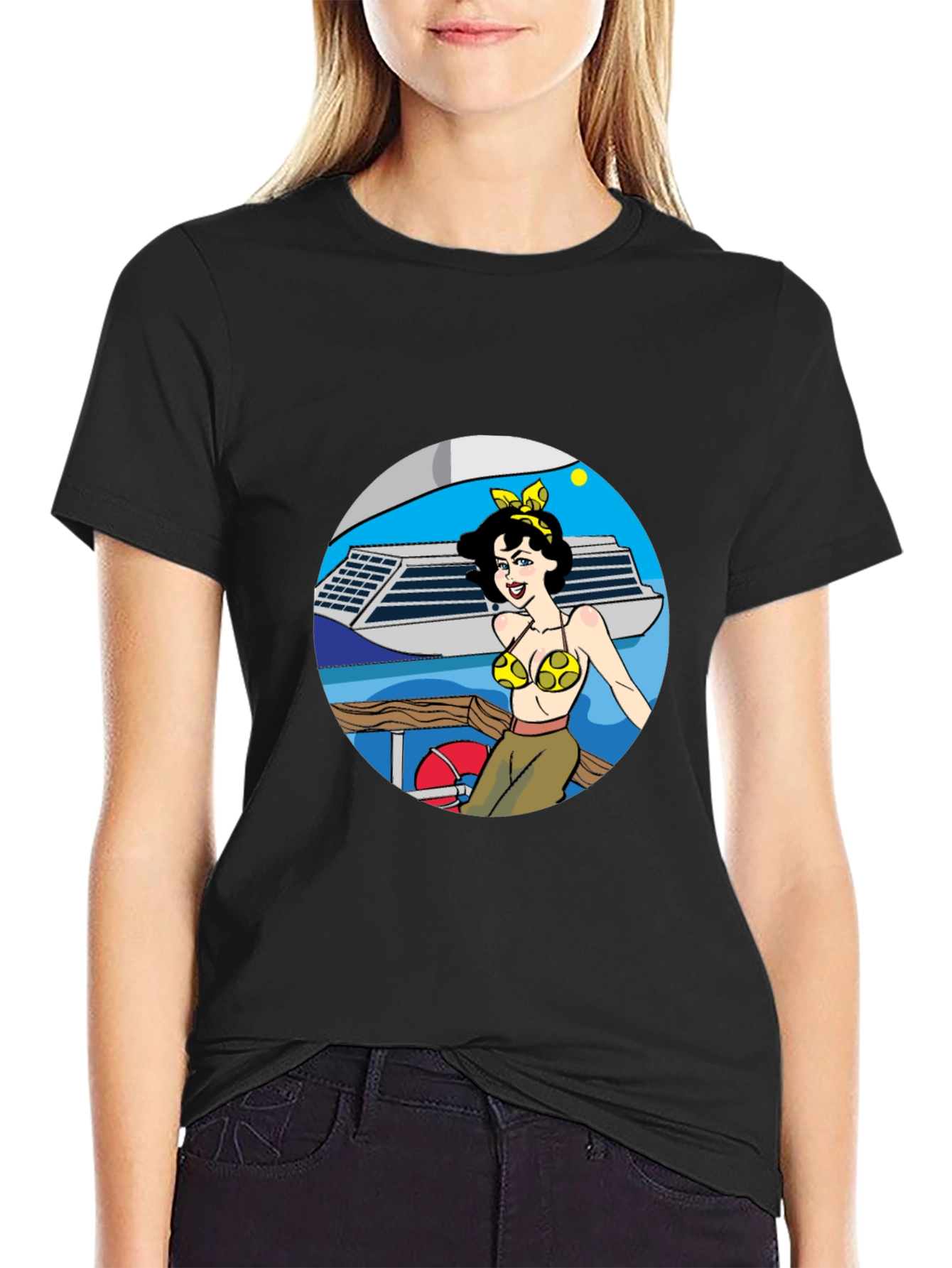Black Cartoon Woman on Boat Graphic Tee - Black Cotton Blend view 2