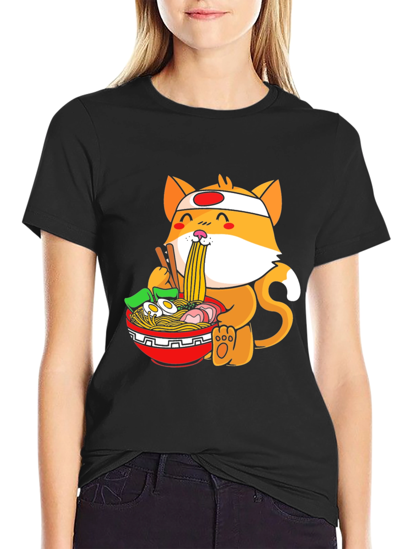 Black Ramen Cat Graphic Tee - Casual Black T-Shirt view 2