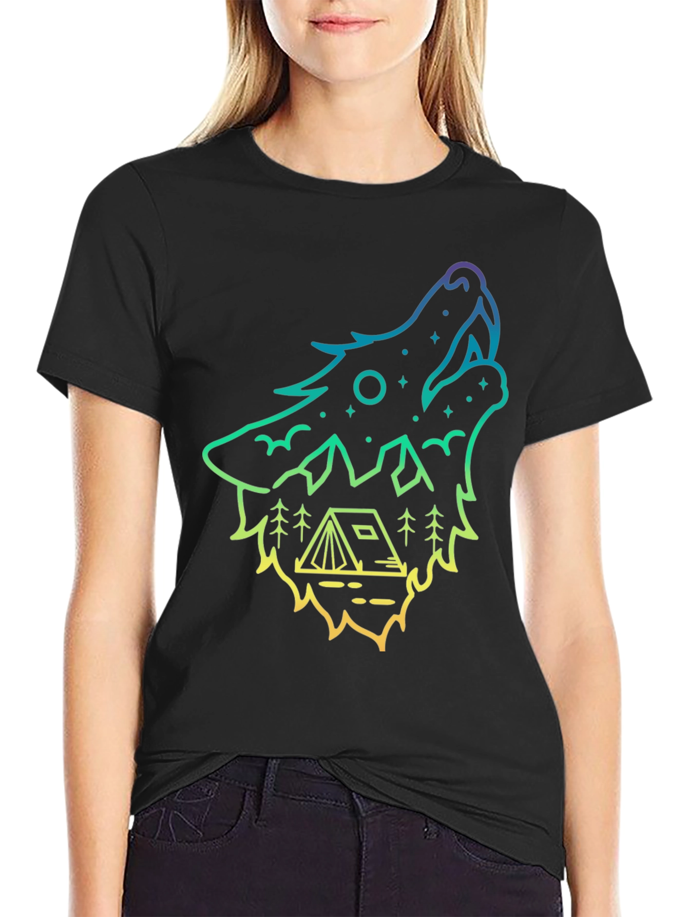 Black Wolf Howl Camping Tee - Gradient Outline Design view 2