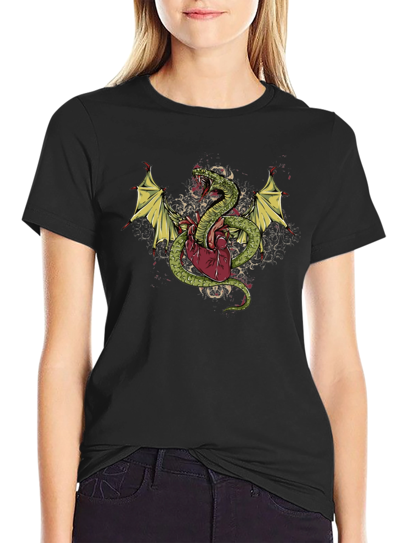 Black Snake & Heart Graphic T-Shirt - Edgy Style view 2
