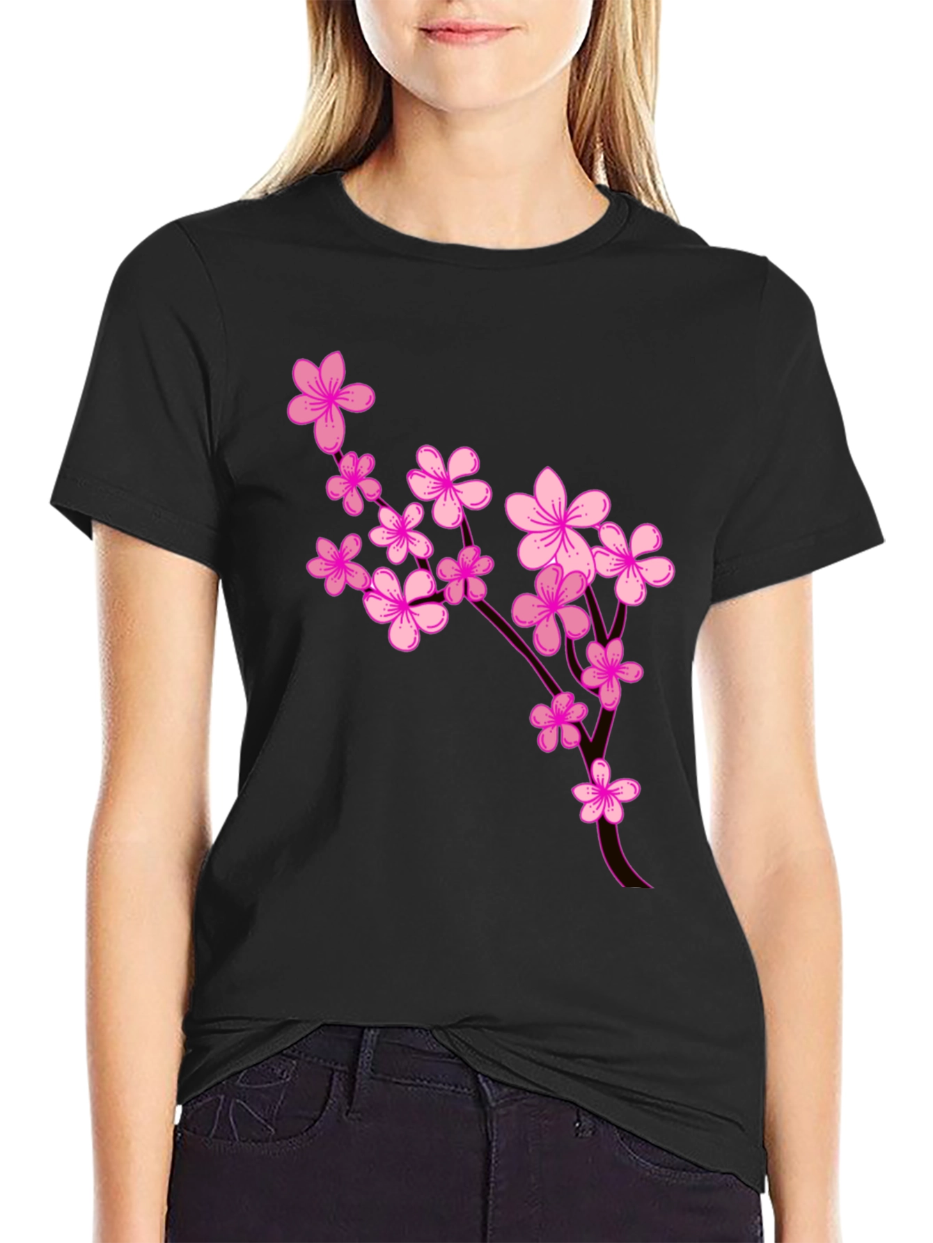 Black Floral Blossom Graphic Tee - Stylish Black T-Shirt view 2