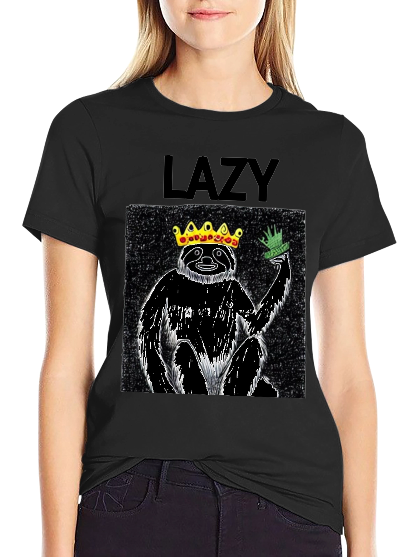 Black Lazy King Sloth Graphic Tee - Black Cotton T-Shirt view 2