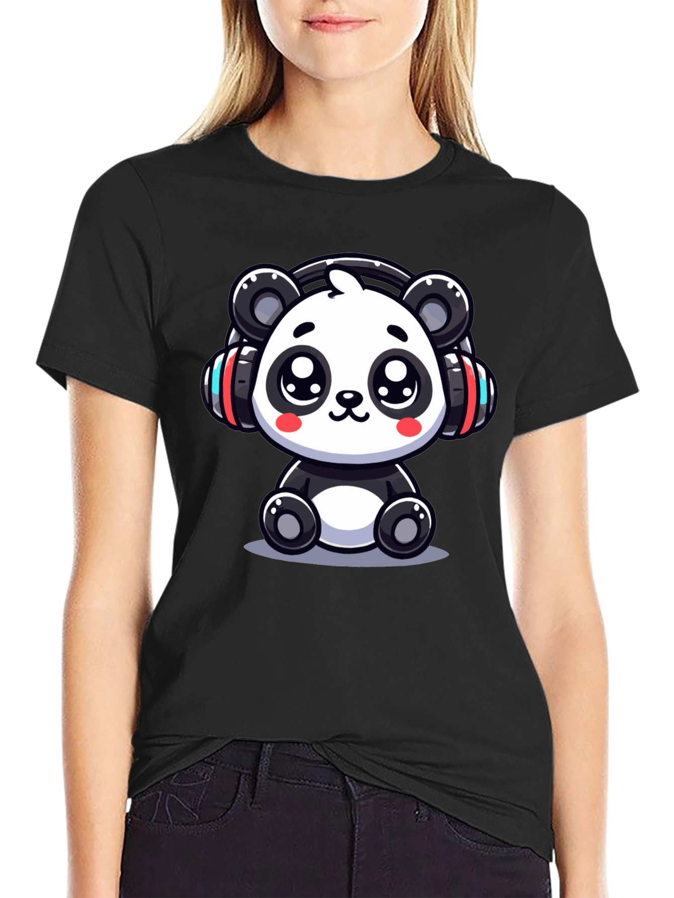 Black Cute Panda Headphones Black T-Shirt view 2