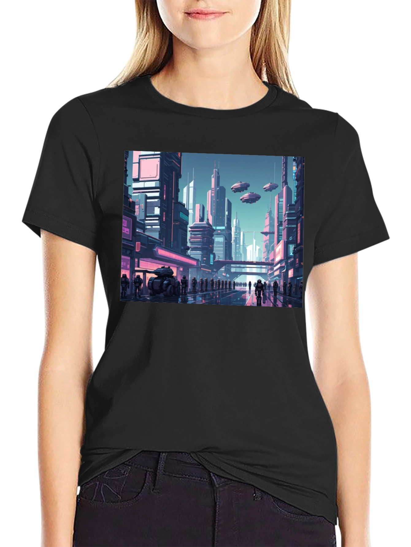 Black Sci-Fi Cityscape Graphic Tee view 2