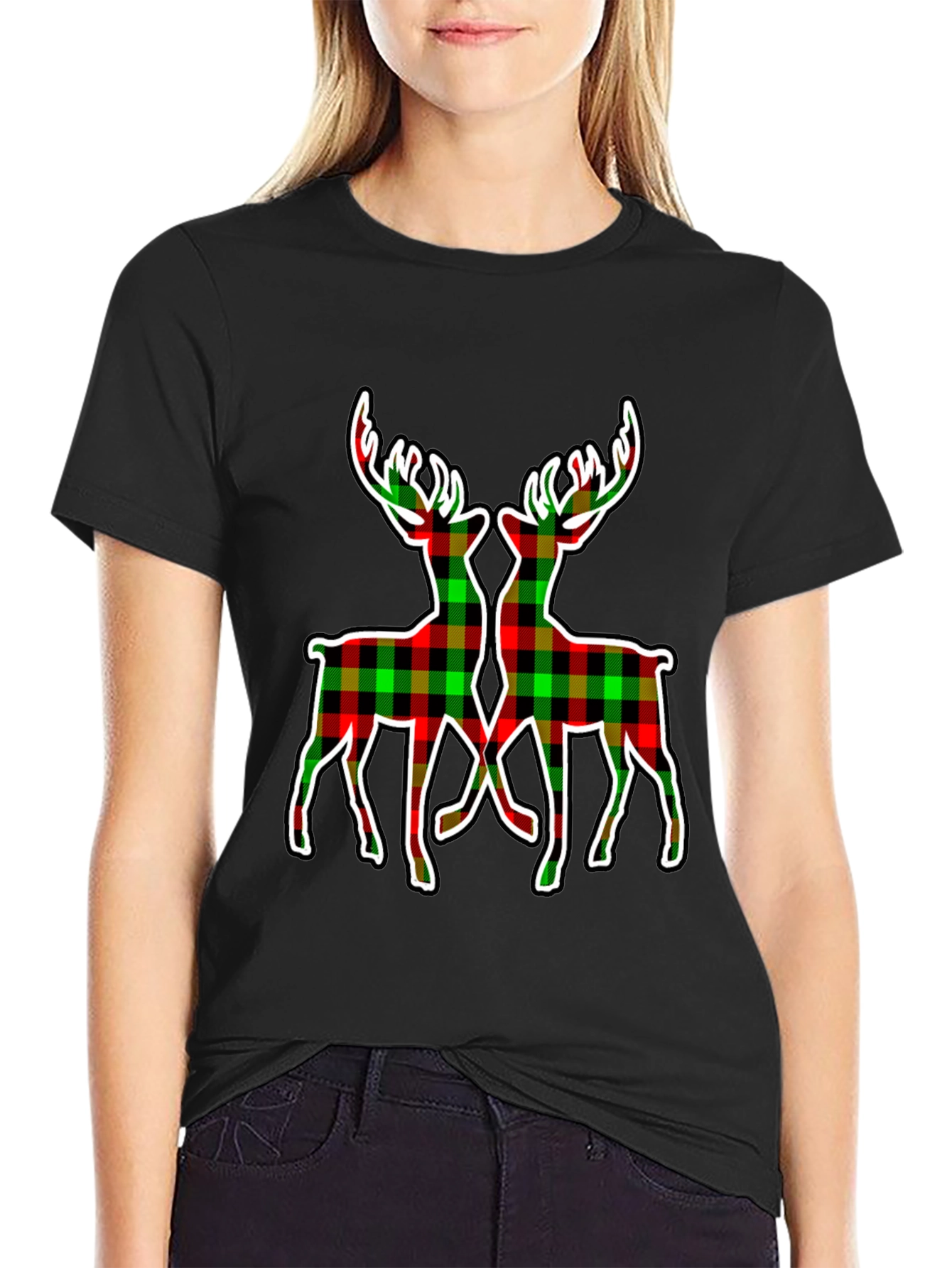 Black Plaid Deer Graphic Tee - Holiday Style view 2