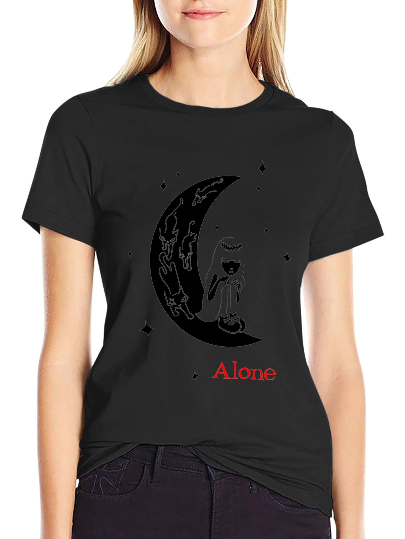 Black Alone Girl & Cats Moon Graphic Tee - Black view 2