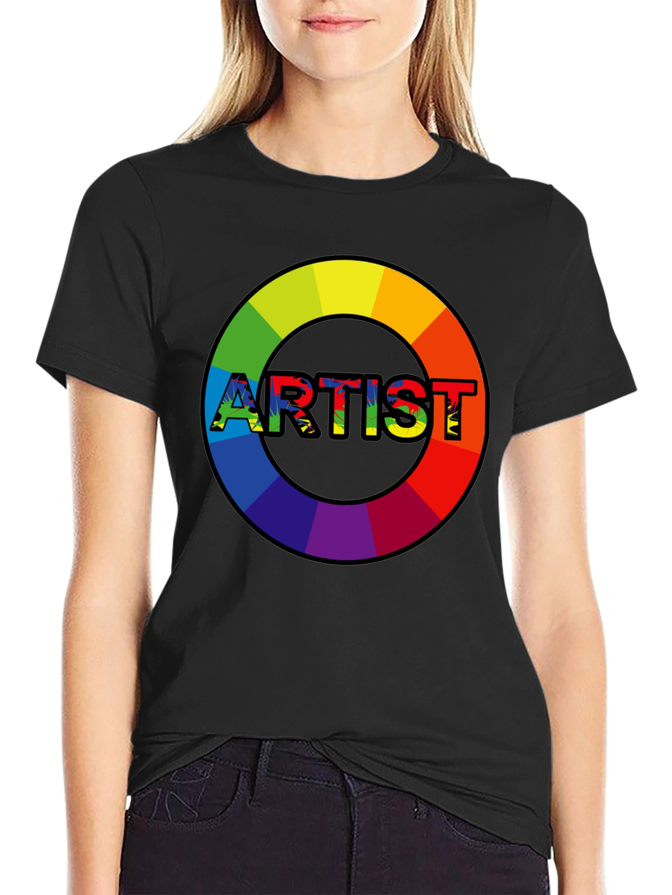 Black Rainbow Artist Circle Graphic Tee - Black Cotton Casual T-Shirt view 2