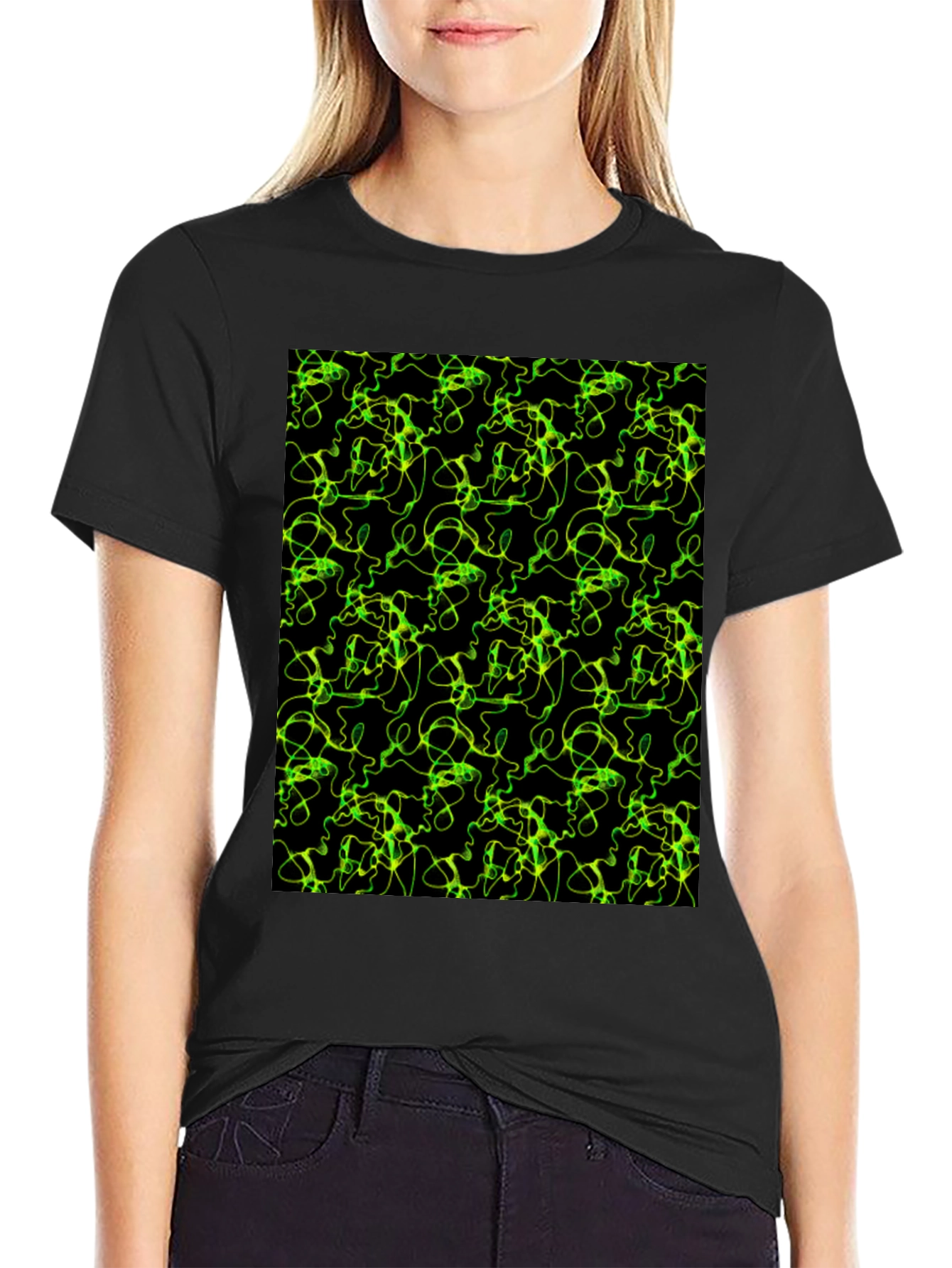 Black Abstract Green Line Pattern Black T-Shirt view 2