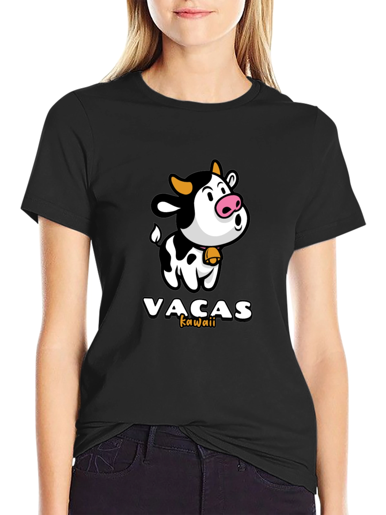 Black Kawaii Cow T-Shirt - Cute Animal Graphic Tee view 2