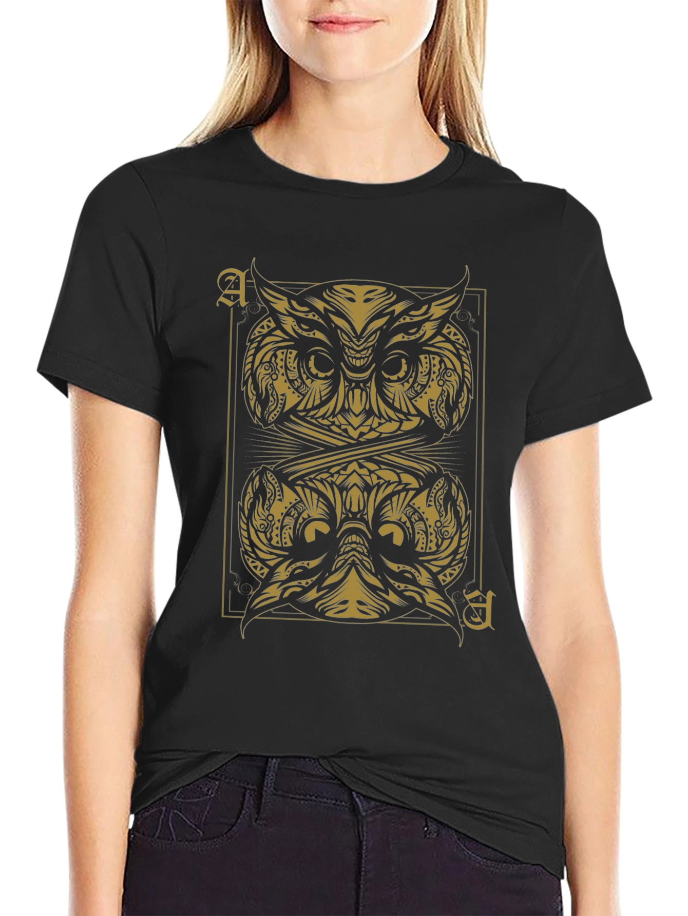 Black Ace of Owls Graphic Tee - Black Cotton T-Shirt view 2