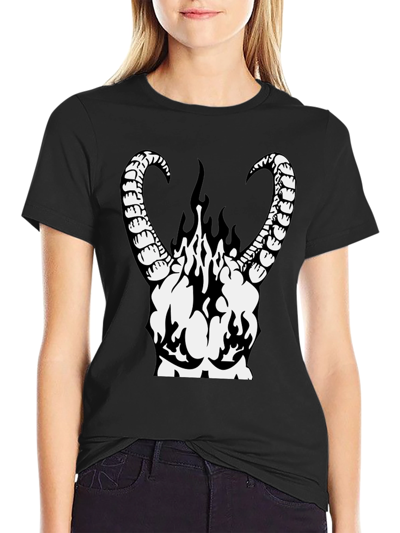 Black Infernal Horns Graphic T-Shirt - Black Cotton Tee view 2