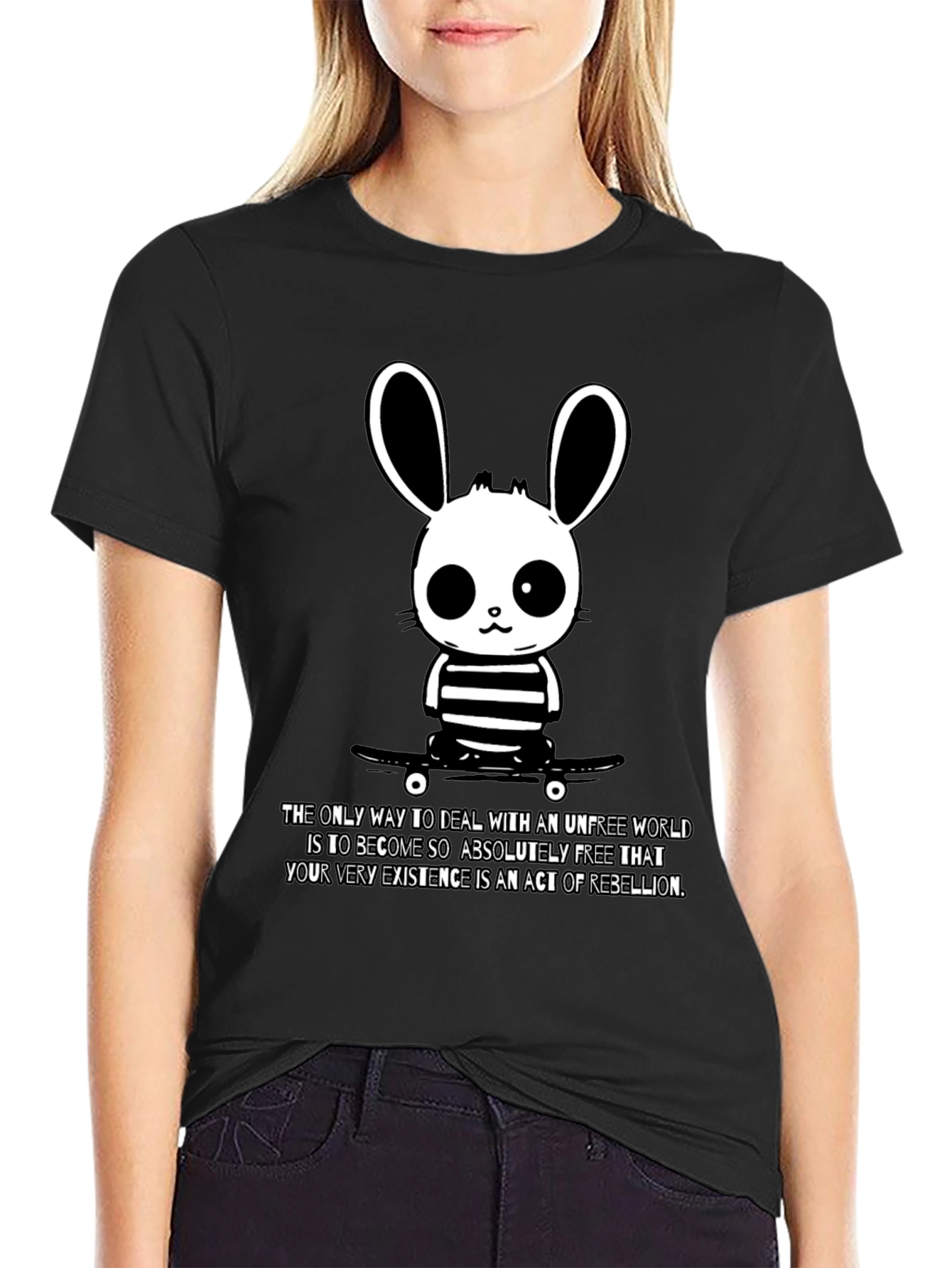 Black Rebellious Bunny Graphic Tee - Soft Black Cotton T-Shirt view 2