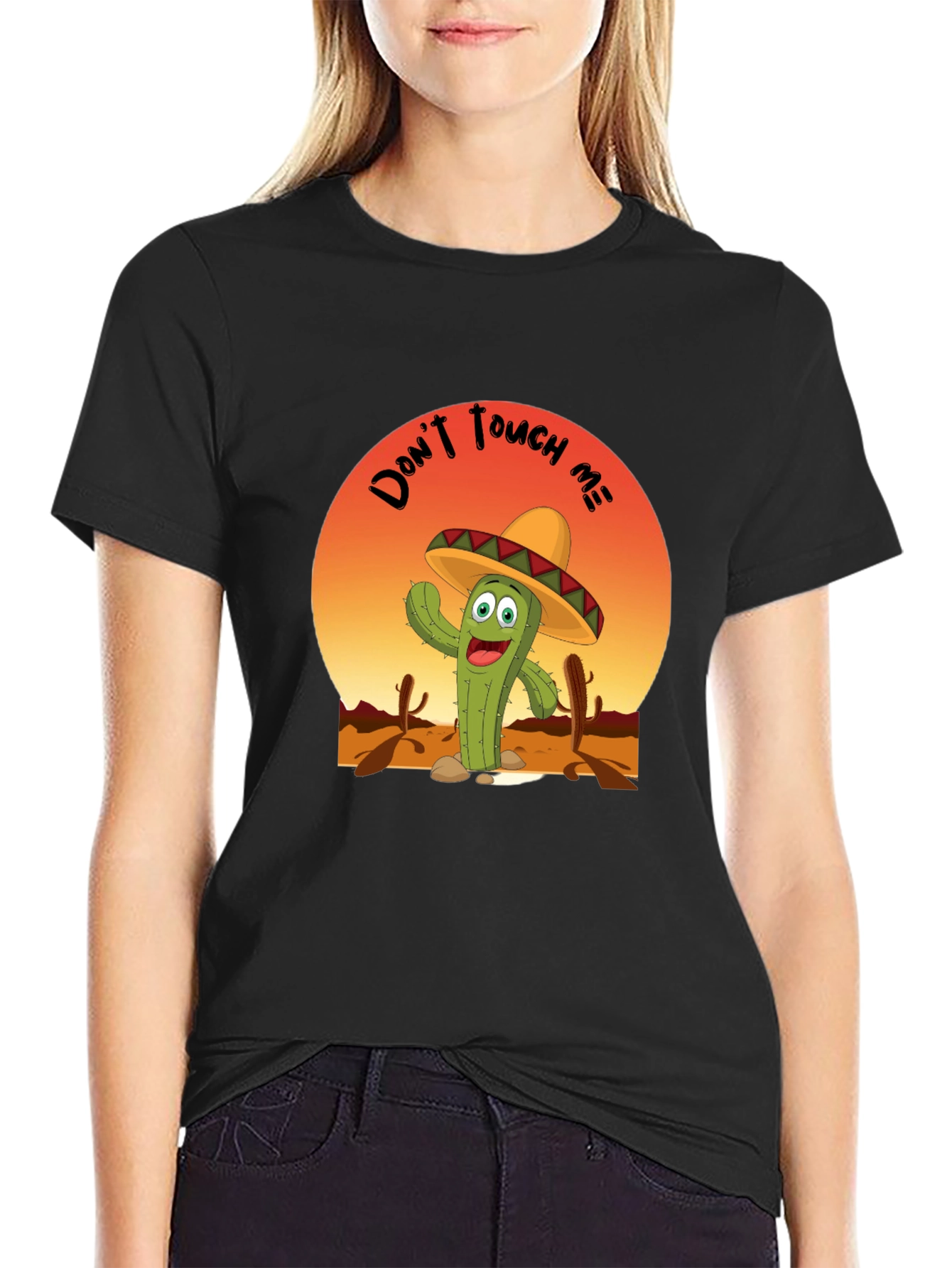 Black Funny Cactus 'Don't Touch Me' T-Shirt view 2