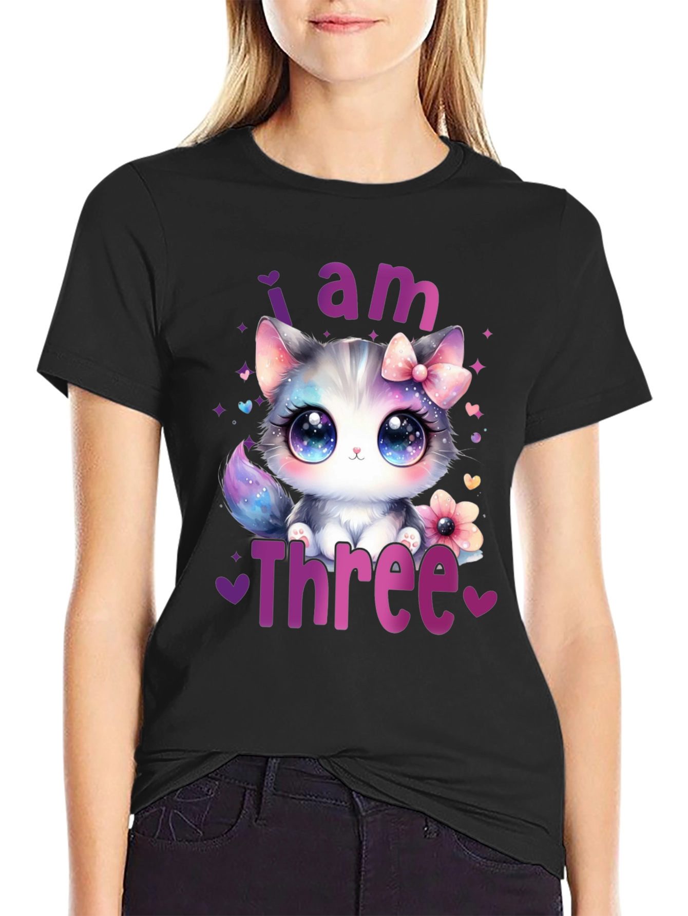 Black I Am Three Birthday Cat T-Shirt view 2