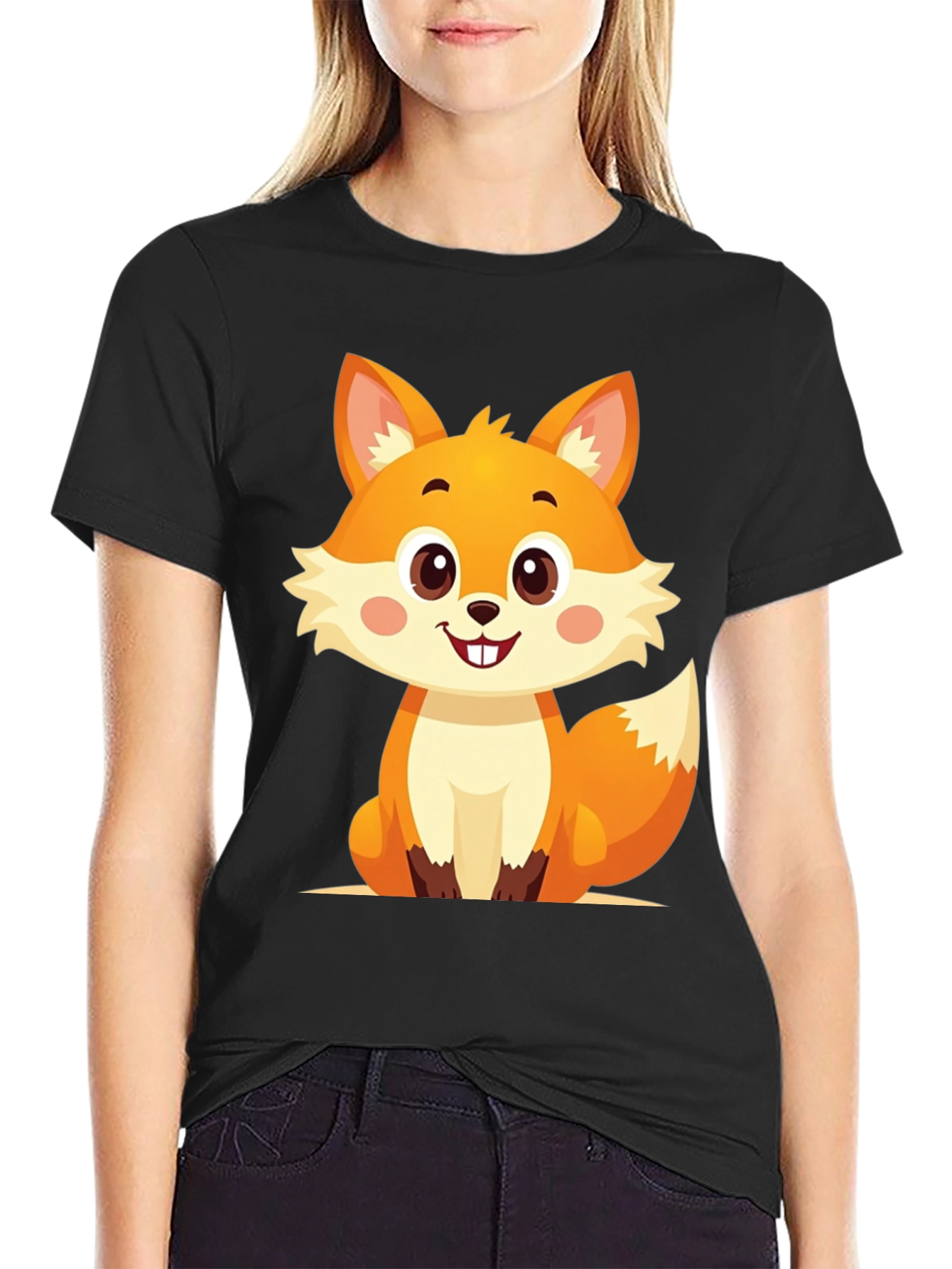 Black Cute Cartoon Fox Graphic Tee view 2