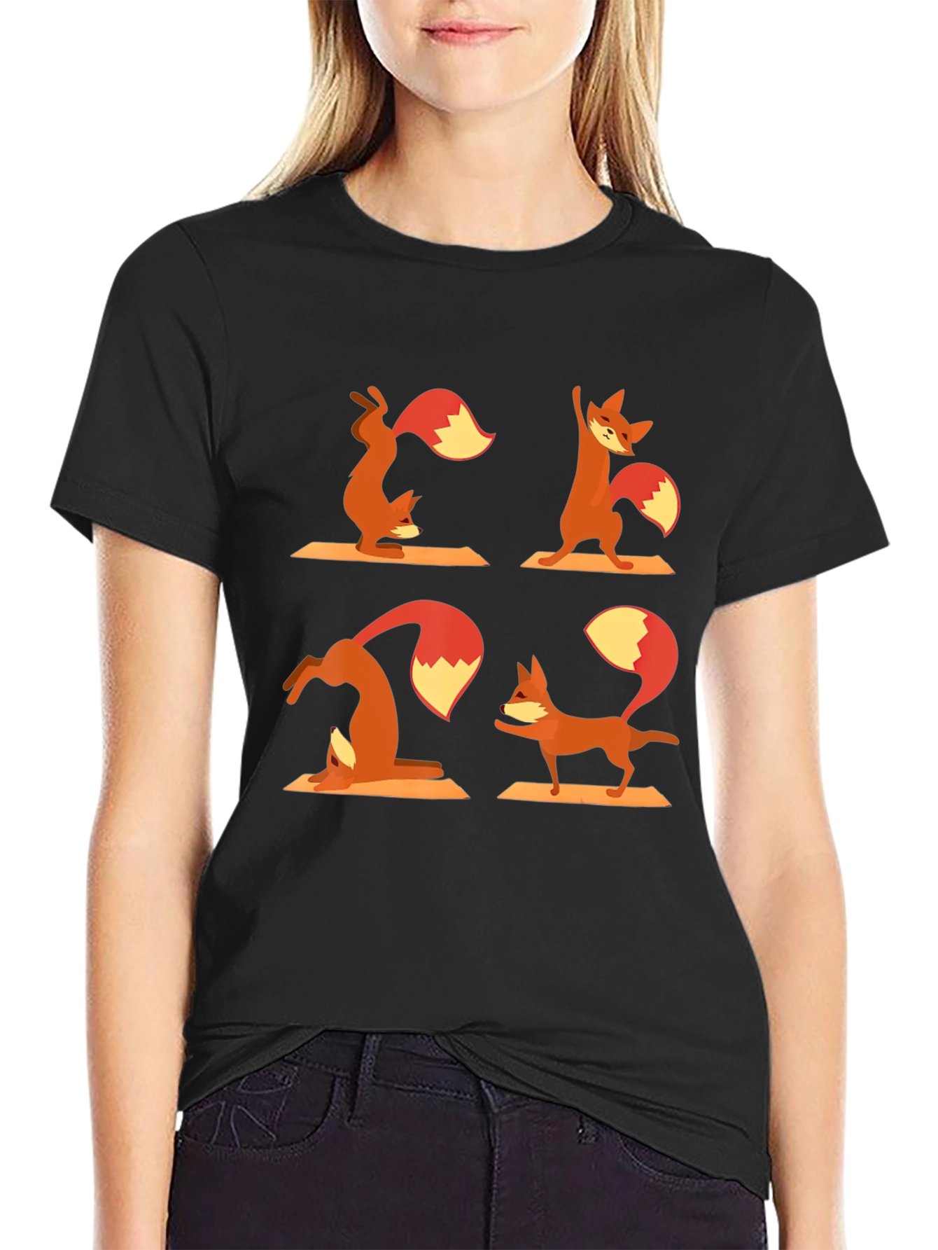 Black Yoga Fox T-Shirt - Black Cotton Graphic Tee view 2